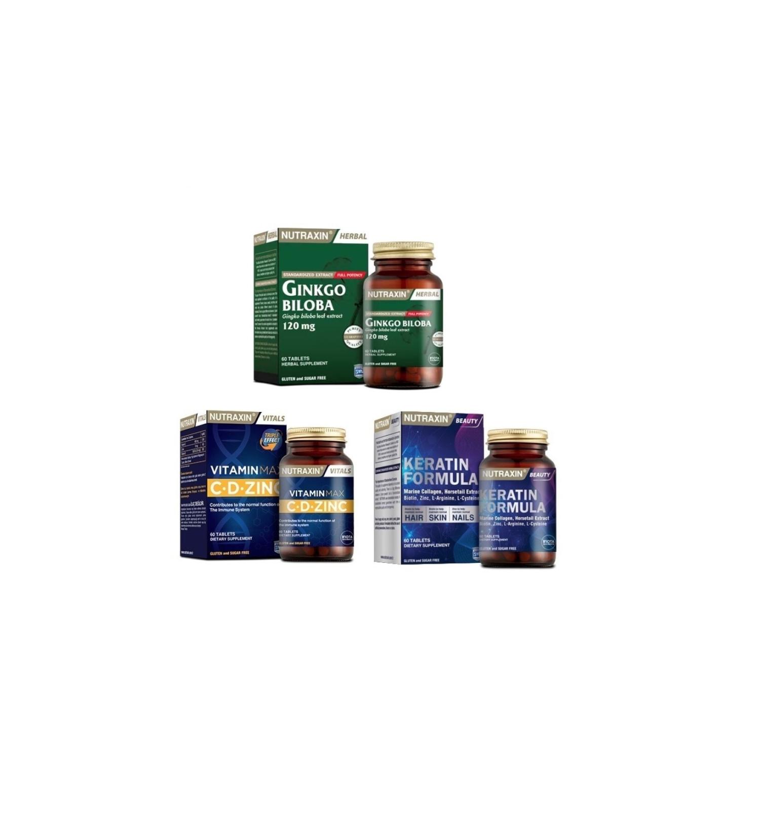 Nutraxin Ginkgo Biloba 60 Tablets + Vitamin Max (c d zinc) 60 Tablets + Keratin for Hair and Nails