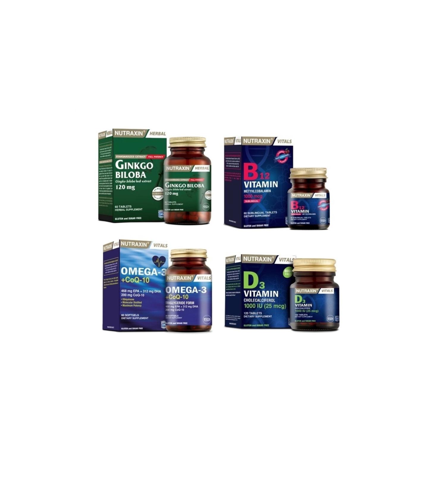 Nutraxin Ginkgo Biloba 60 Tablets + Omega 3 + coq-10 (coenzyme) 60 Capsules + Vitamin B12 and D3