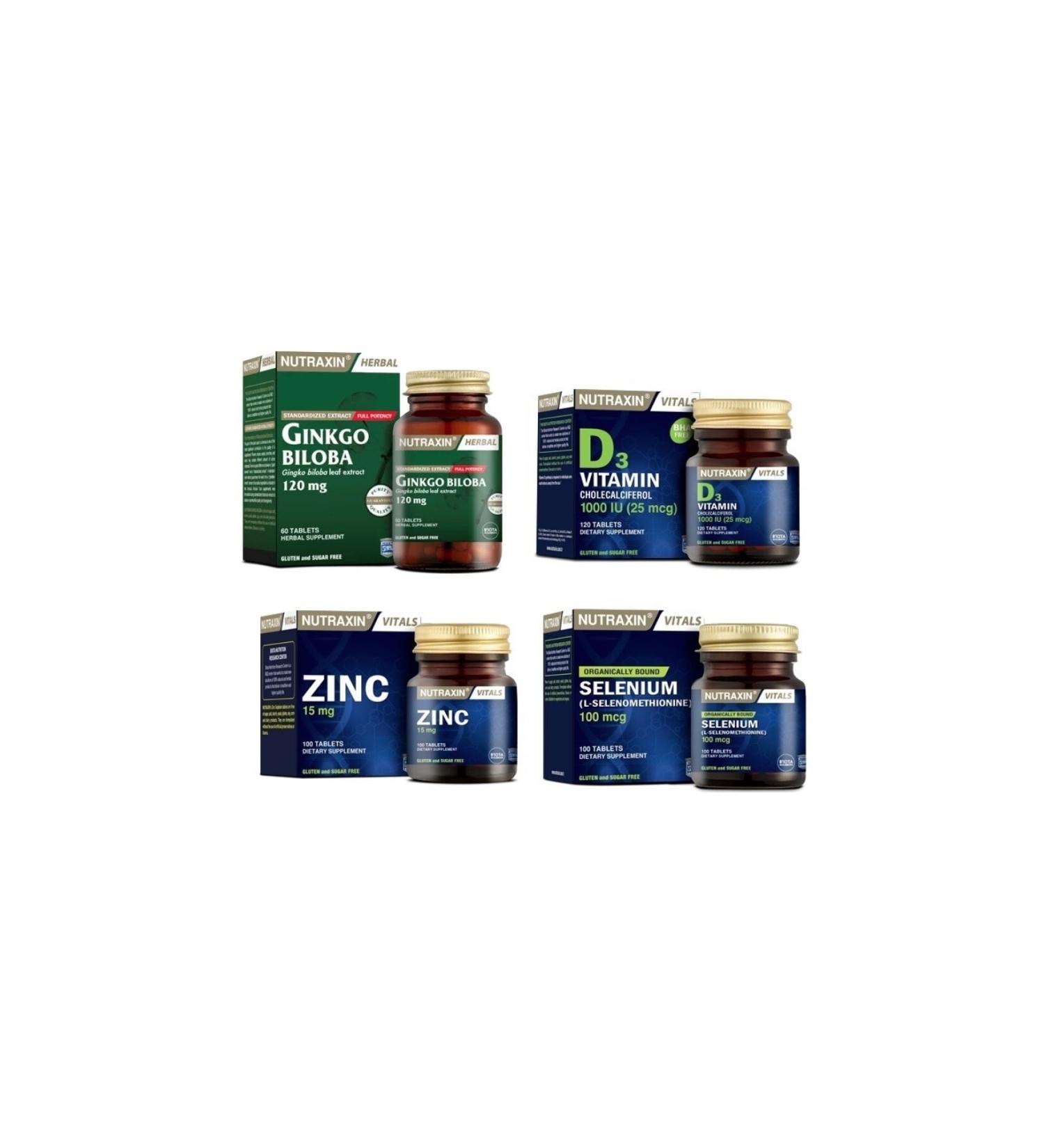 Nutraxin Ginkgo Biloba 60 Tablets + Selenium 100 Tablets + D3 Vitamin 120 Tablets + Zinc 100 Tablets