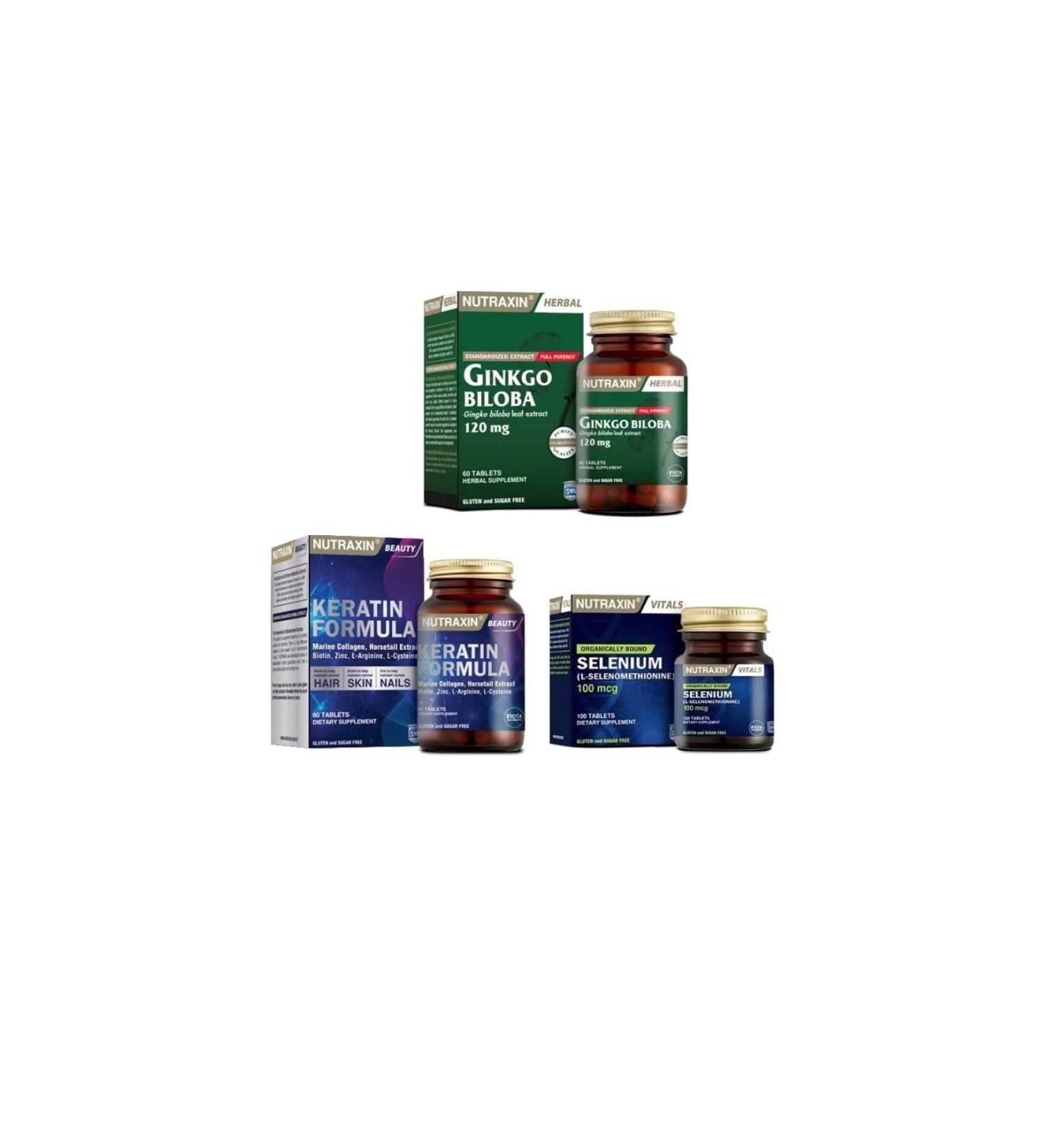 Nutraxin Ginkgo Biloba 60 Tablets + Selenium 100 Mcg 100 Tablets + Keratin Formula 60 Tablets