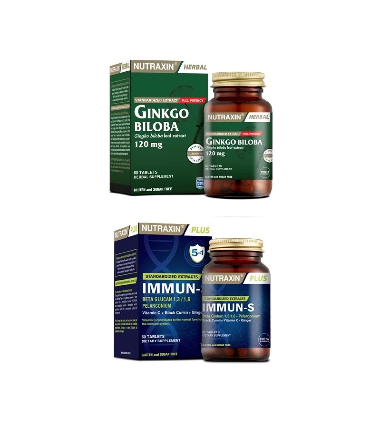 Nutraxin Ginkgo Biloba 60 Tablets + 1.3 - 1.6 Beta-glucan Containing Immun-s 60 Tablets