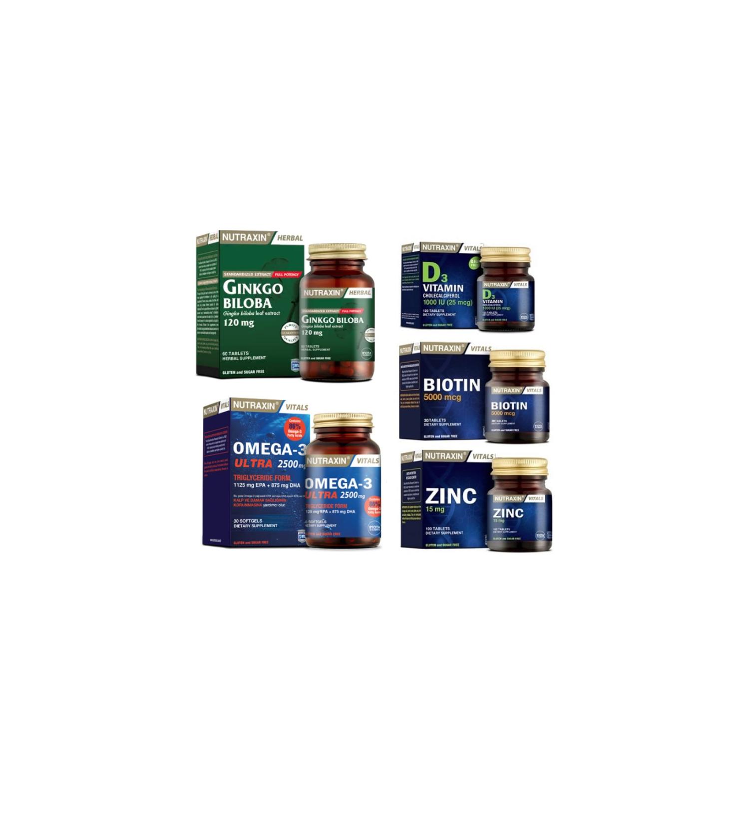Nutraxin Ginkgo Biloba 60 Tablets + omega 3 Ultra 30 Capsules + biotin 30 Tablets + d3 Vitamin 120 Tablets + zinc 100 T.