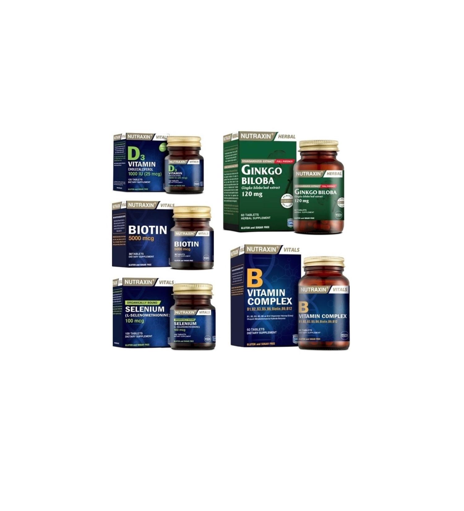 Nutraxin Ginkgo Biloba 60 Tablets + Biotin + Selenium + Vitamin D3 + Vitamin B 60 Tablets