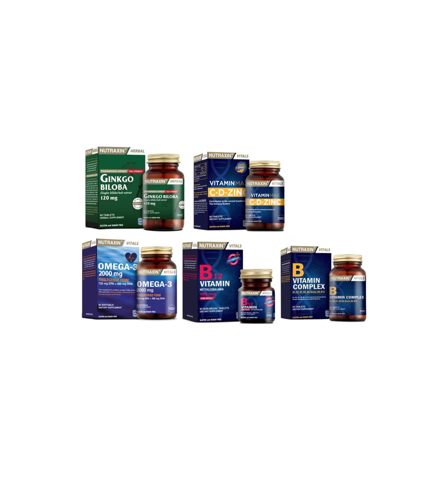 Nutraxin Ginkgo Biloba 60 Tablets + Omega 3 Fish Oil 2000 Mg 60 Capsules + Vitamin Max + Vitamin B + Vitamin B12