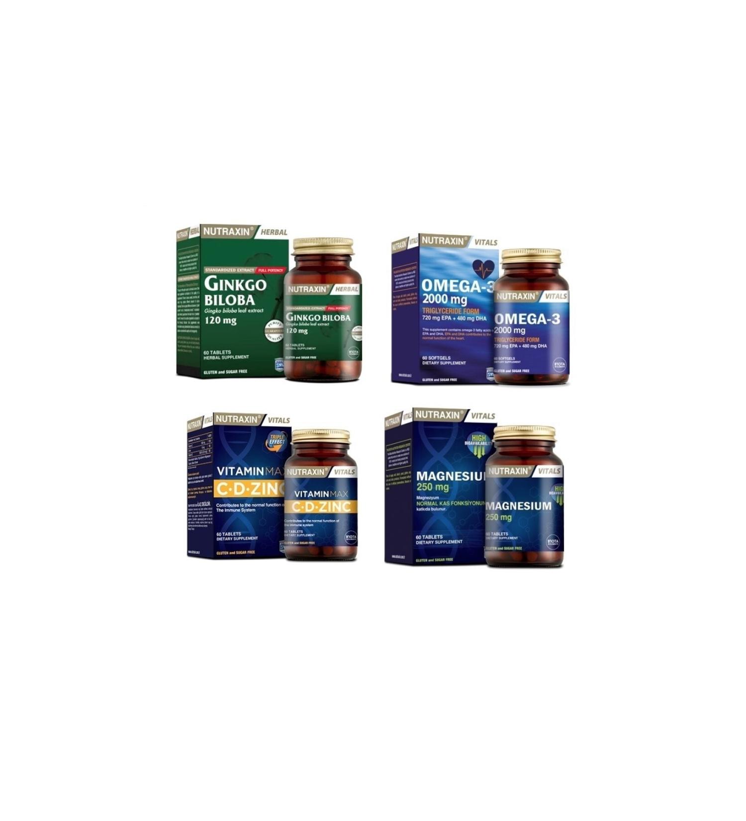 Nutraxin Ginkgo Biloba 60 Tablets + Omega 3 2000 Mg 60 Capsules + Vitamin Max (c d zinc) 60 Tablets + Magnesium