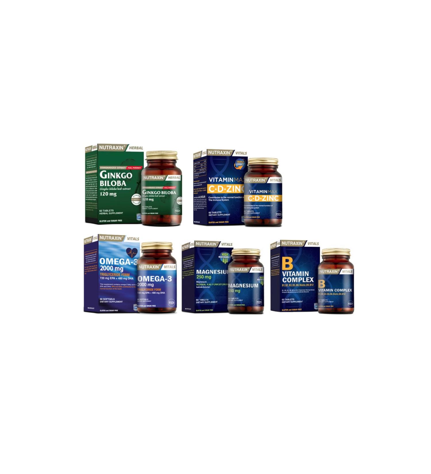 Nutraxin Ginkgo Biloba 60 Tablets + Omega 3 Fish Oil 2000 Mg 60 Capsules + Vitamin Max + Vitamin B + Magnesium