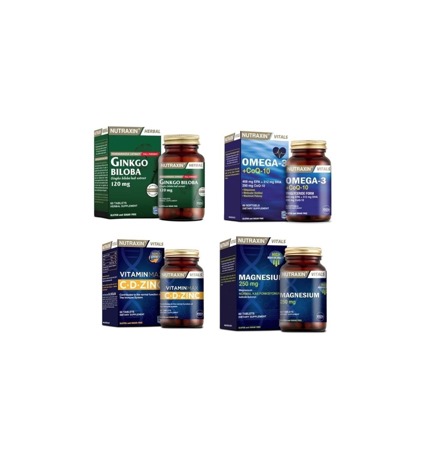 Nutraxin Ginkgo Biloba 60 Tablets + omega 3 + coq-10 (coenzyme) 60 Capsules + vitamin Max + magnesium