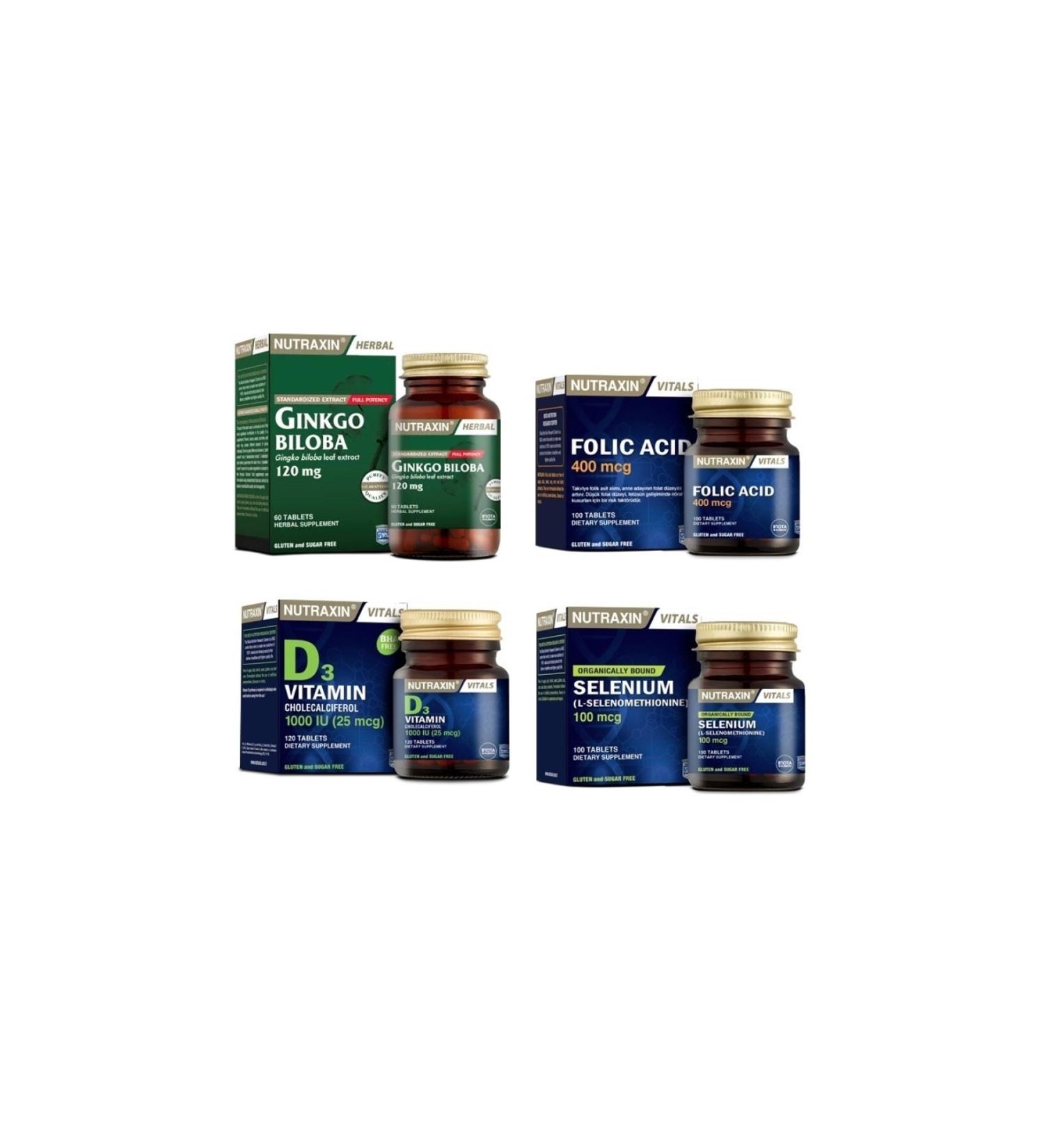Nutraxin Ginkgo Biloba 60 Tablets + Selenium 100 Tablets + Folic Acid 100 Tablets + D3 120 Tablets