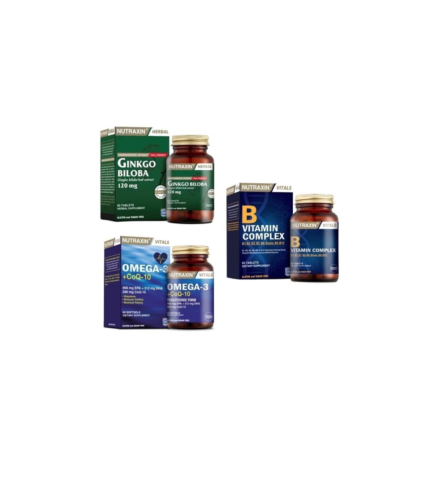 Nutraxin Ginkgo Biloba 60 Tablets + Omega 3 + coq-10 (coenzyme) 60 Capsules + B Vitamin Complex 60 Tablets