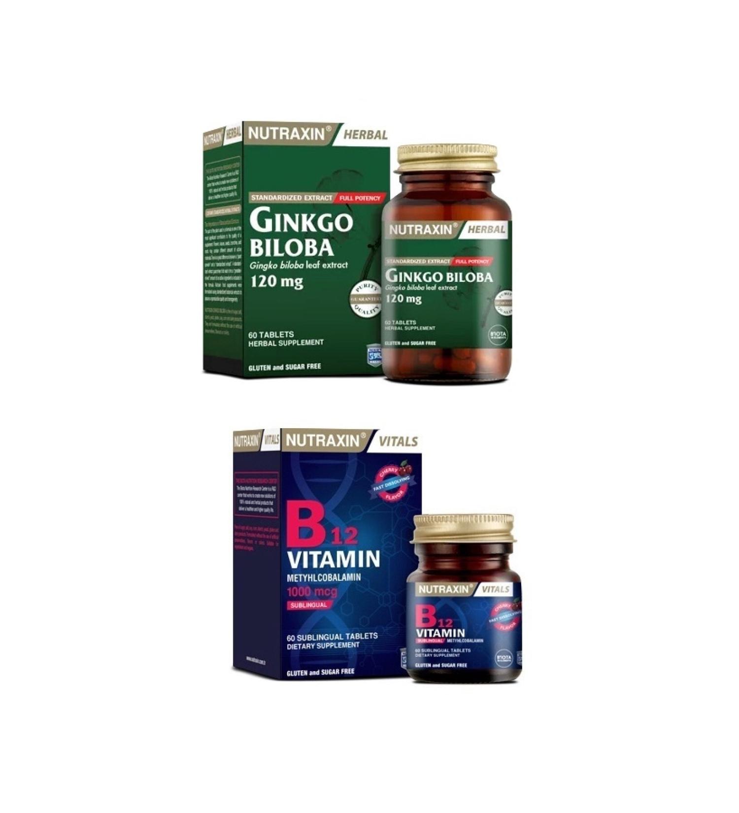 Nutraxin Ginkgo Biloba 60 Tablets + Vitamin B12 1000 Mcg 60 Sublingual Tablets
