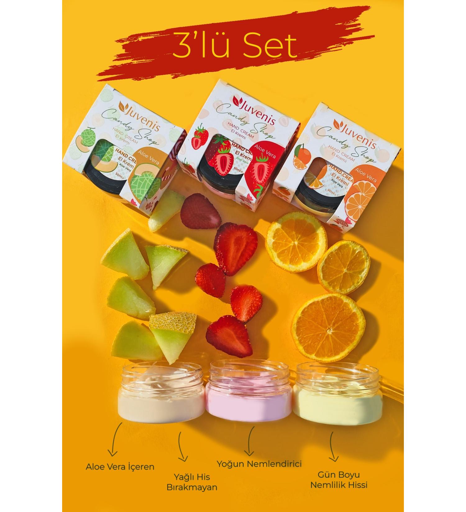Juvenis Intensive Moisturizing Skin Soothing 3-Piece Set Aloevera Orange Melon and Strawberry Scented Hand Cream 50ml - Buy Online on GoSupps.com
