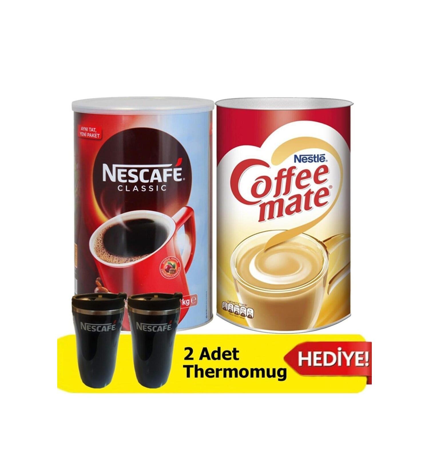 Nestle Nescafe Classic Tin Box 1 Kg + Coffee-mate Tin 2 Kg + 2 Thermo Mugs