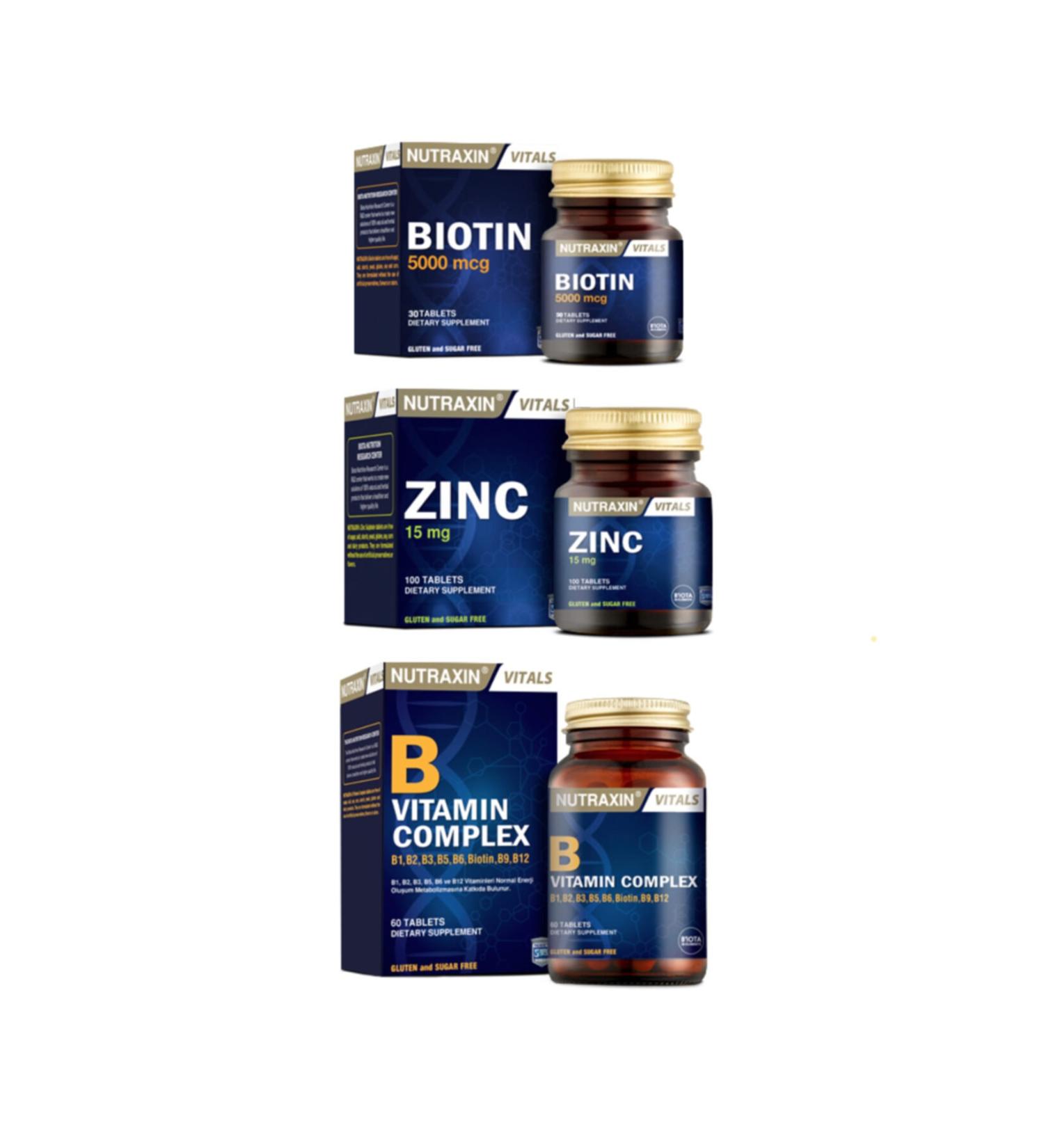 Nutraxin B Vitamin Complex 60 Tablets + Zinc 15 Mg 100 Tablets + Biotin 5000 Mcg 30 Tablets