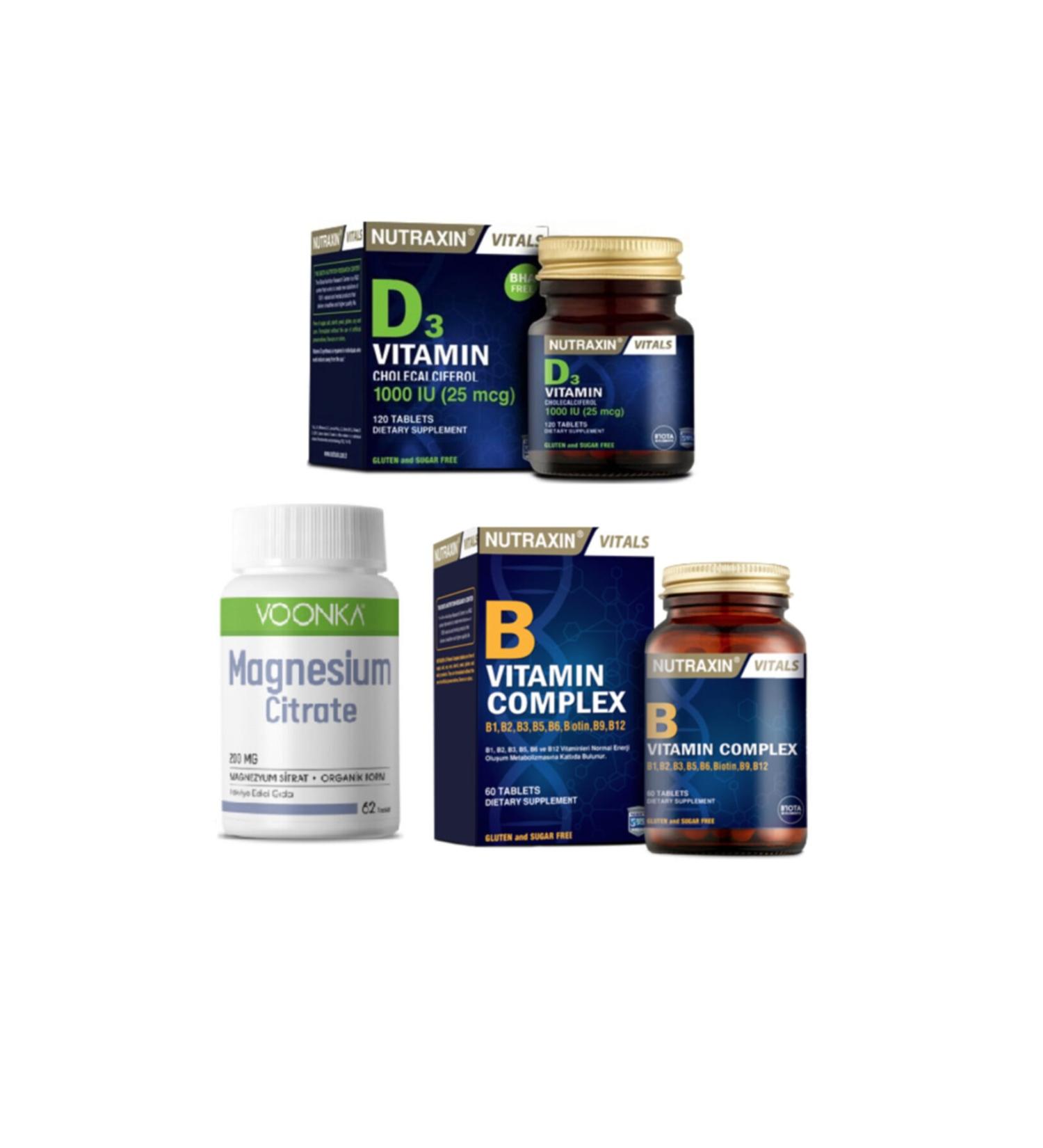Nutraxin D3 Vitamin 1000 Iu 120 Tablets + b Vitamin Complex 60 Tablets + voonka Magnesium Citrate 200 Mg 62 Tablets