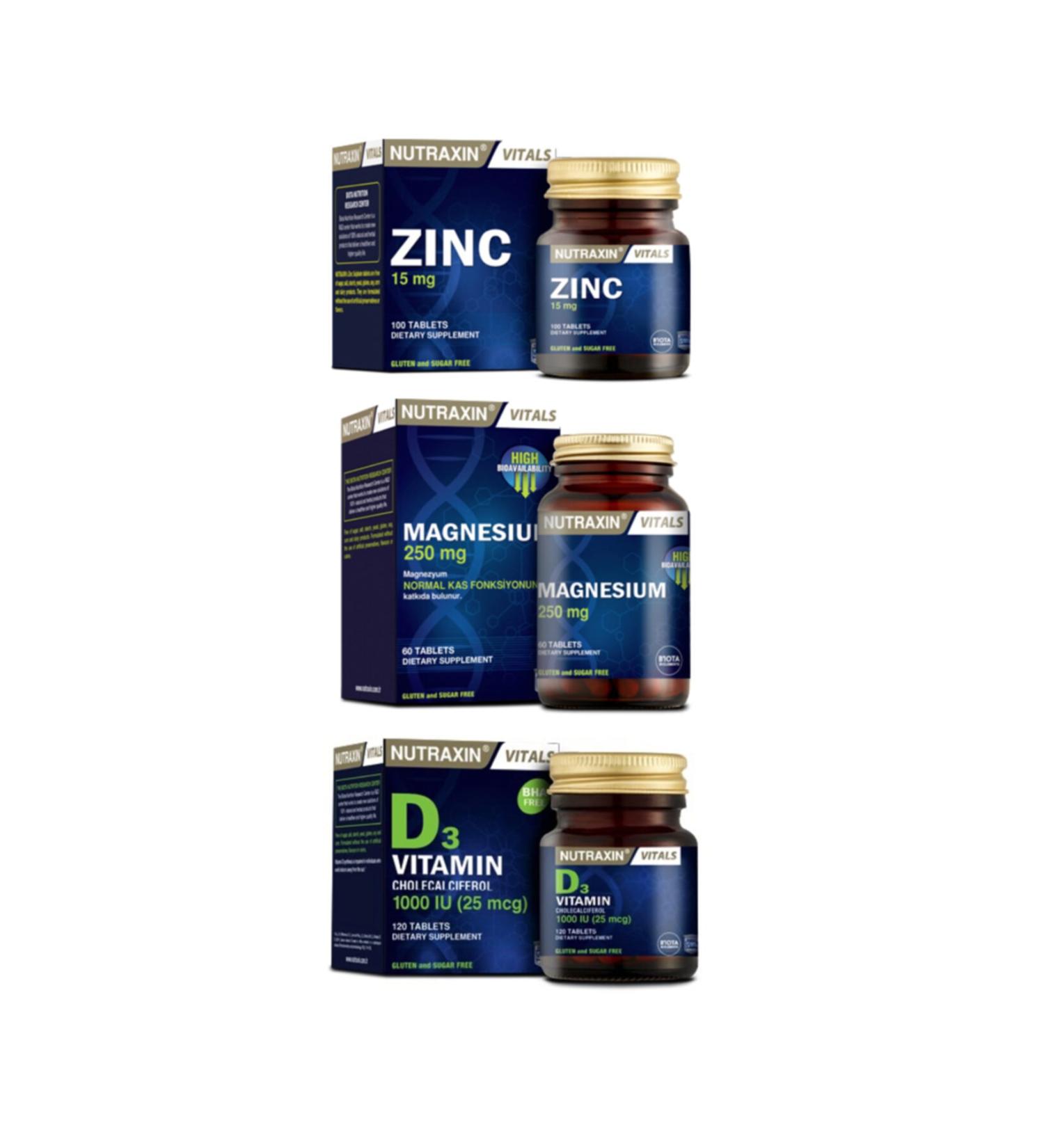 Nutraxin Vitamin D3 1000 Iu 120 Tablets + Zinc 15 Mg 100 Tablets + Magnesium 250 Mg 60 Tablets