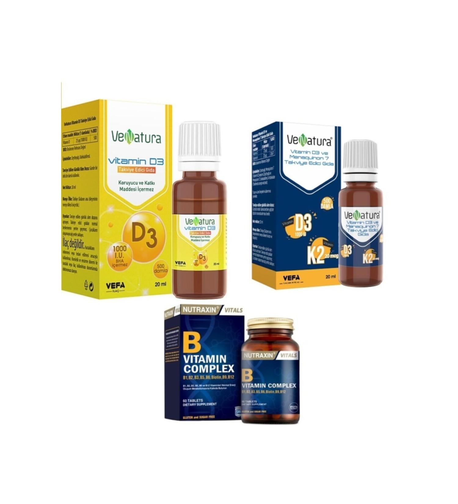 Venatura D3k2 20 Ml Drop + 1000 Iu D3 Drop + nutraxin B Vitamin Complex