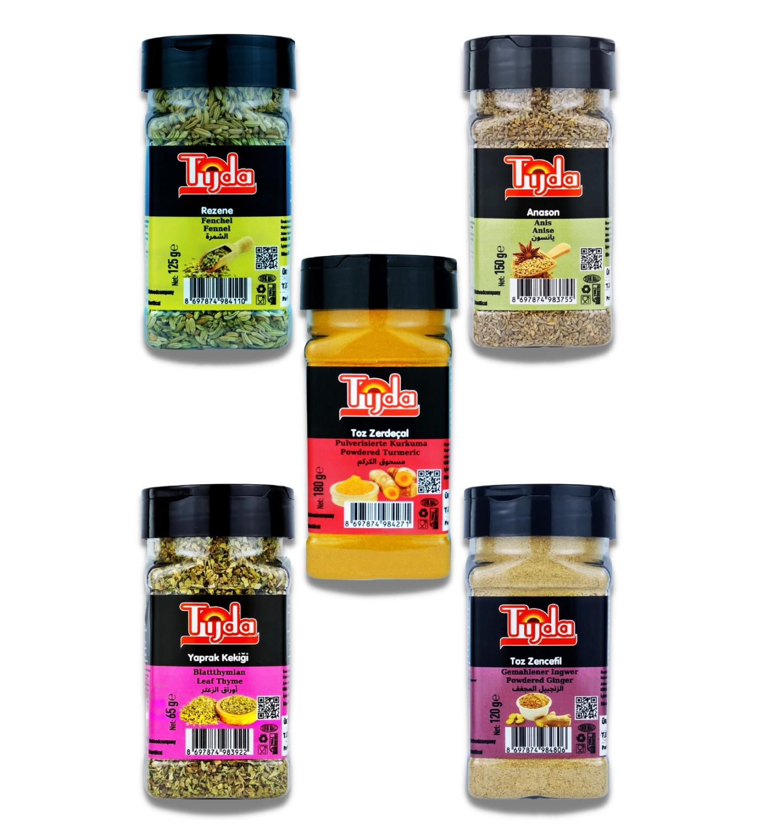 TIJDA Super Spice Set of 5 (Fennel Anise Turmeric Powder Thyme Leaf Ginger Powder)