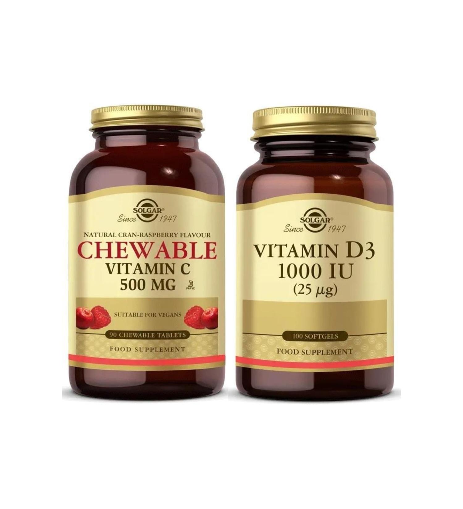 Solgar Chewable Vitamin-c 500 Mg 90 Tablets + Vitamin D3 1000 Iu 100 Tablets - Buy Online on GoSupps.com