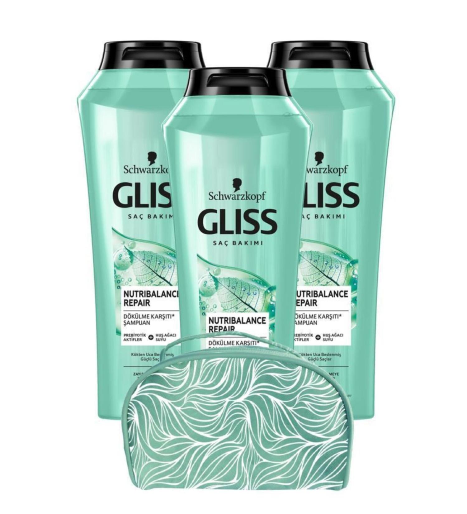 Gliss Nutribalance Shampoo 500 ml X3 Pieces + Makeup Bag