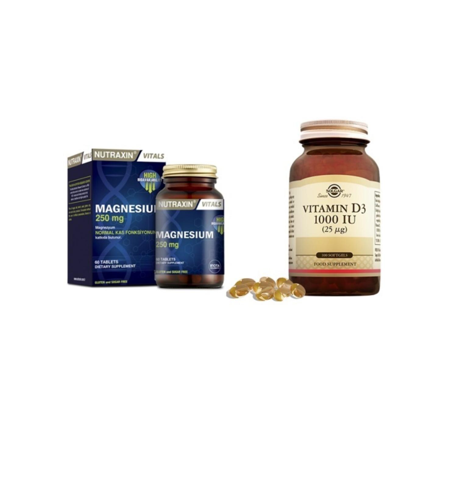 Nutraxin Magnesium 250 Mg 60 Tablets + Solgar Vitamin D3 1000 Iu 100 Capsules
