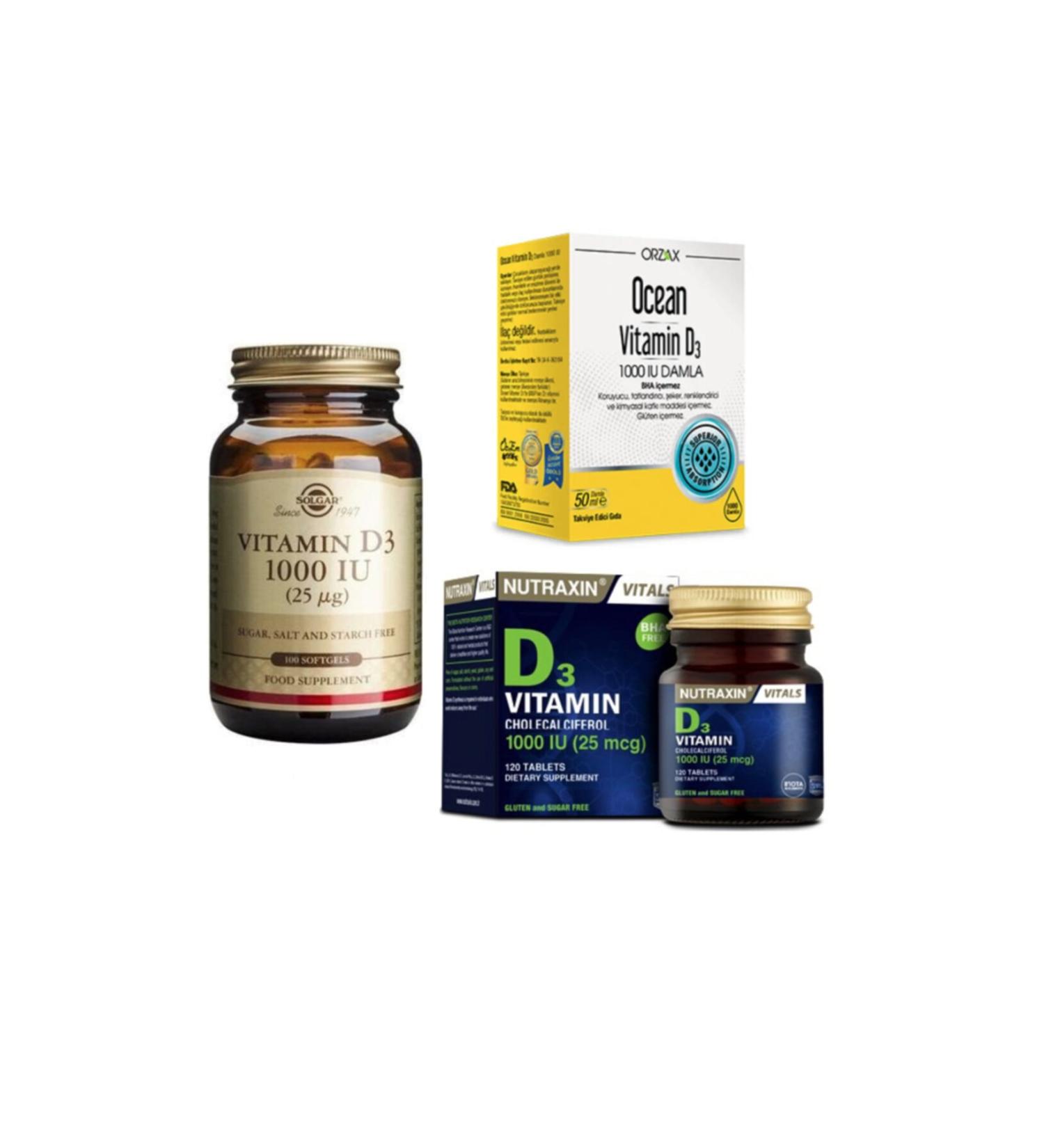 Nutraxin Vitamin D3 120 Tablets + Ocean Vitamin D3 1000 Iu Drops 50 Ml + Solgar Vitamin D3 100 Capsules