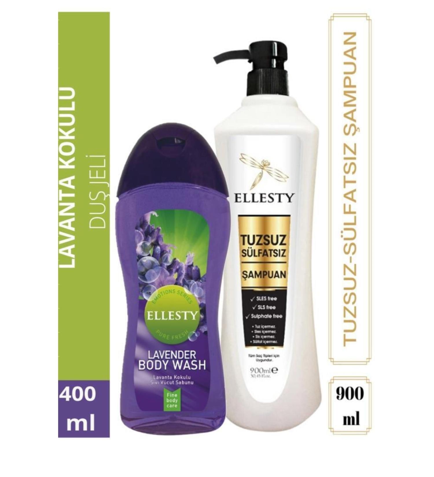 ELLESTY Salt-Free Sulfate-Free Shampoo 900 Ml + Lavender Scented Shower Gel 400 Ml