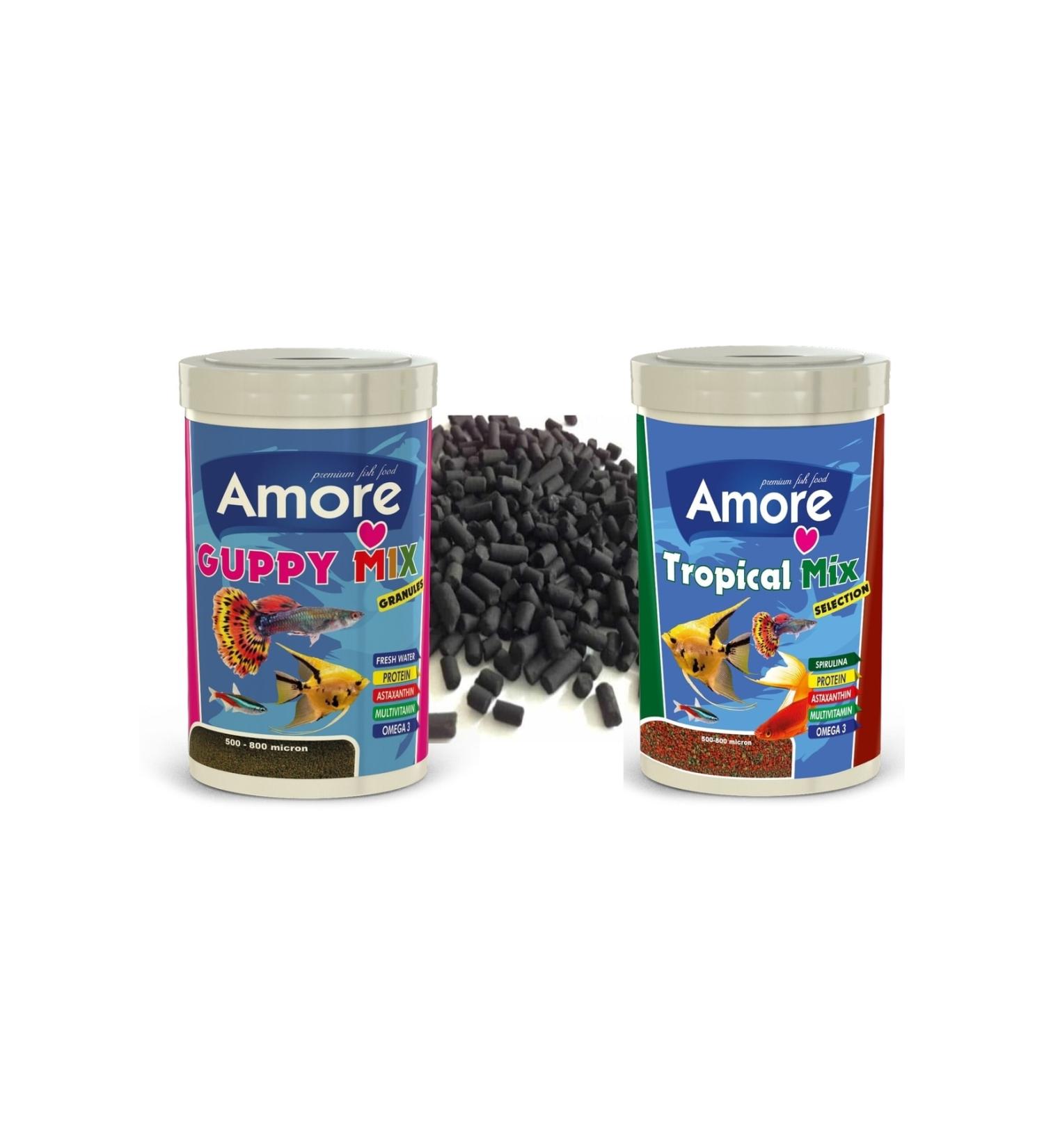 AMORE Tropical Mix Selection 1000ml And Guppy Granules 1000ml Tropical Fish Food And Activated Carbon