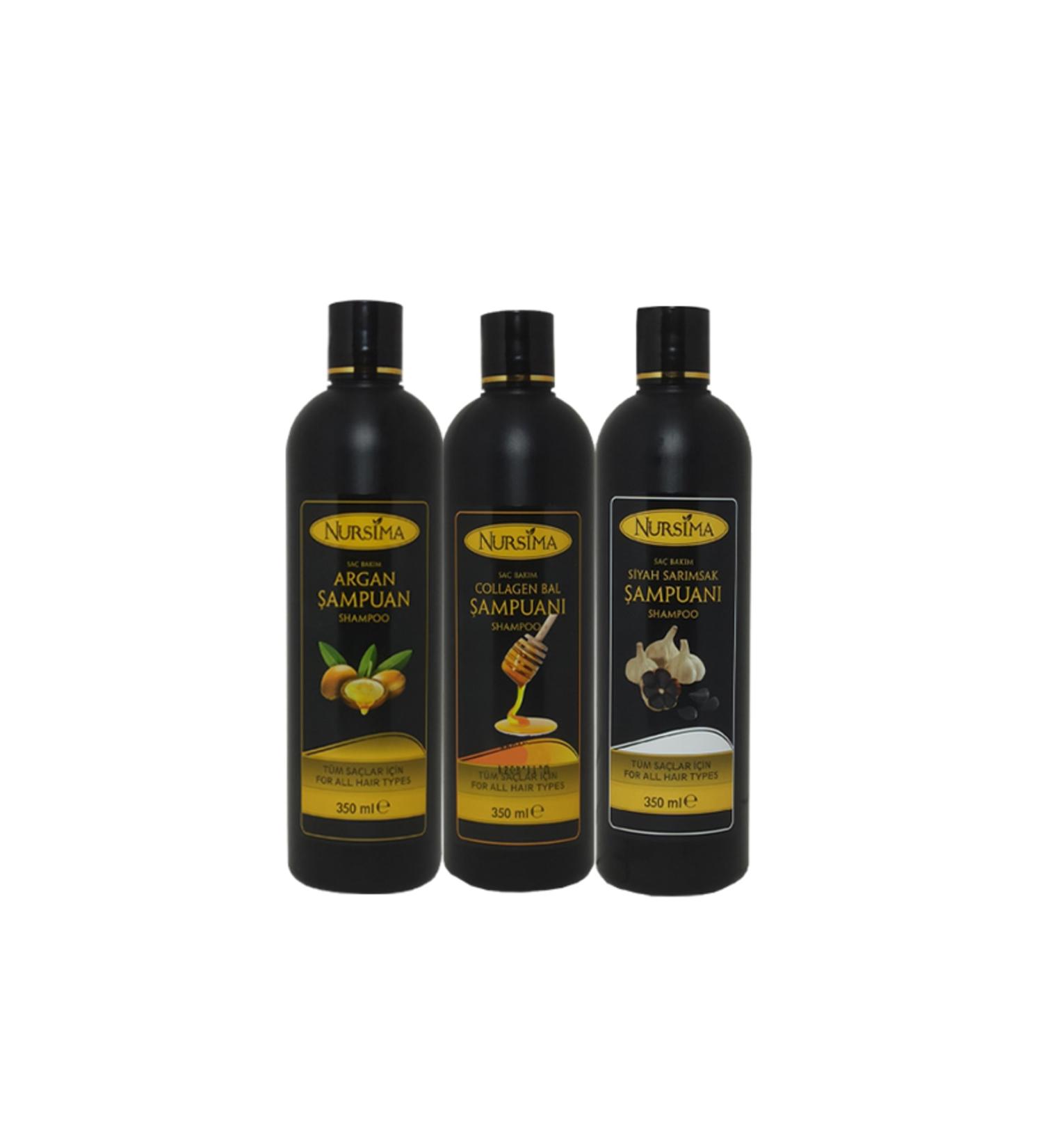 Nursima Plant Essence Argan Shampoo Collagen Shampoo S. Garlic Shampoo 3 X 350 ml