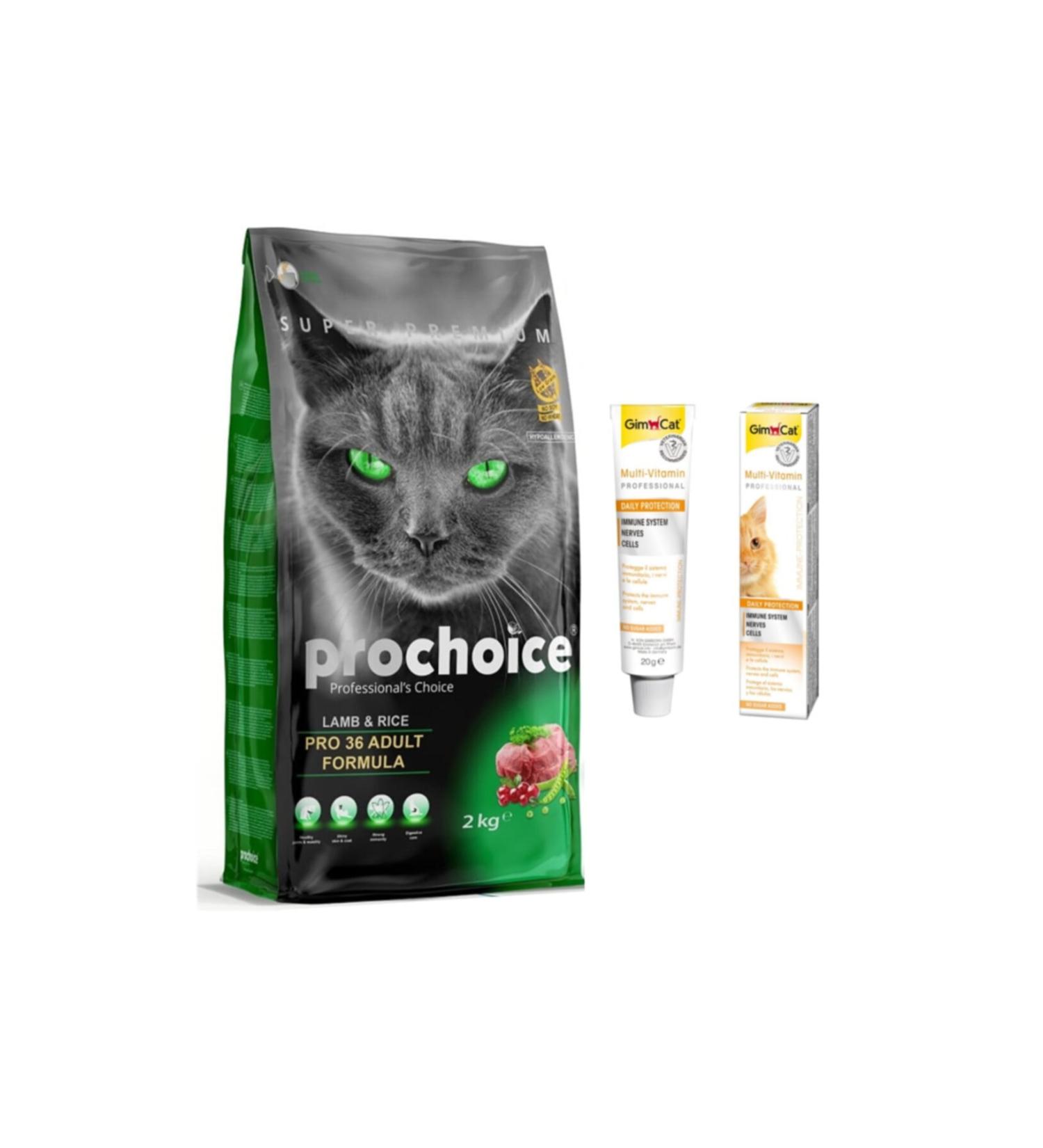 Pro Choice 36 Lamb Rice Adult Cat Dry Food 2 kg + Gimcat Multi Vitamin Paste Cat Paste 20gr