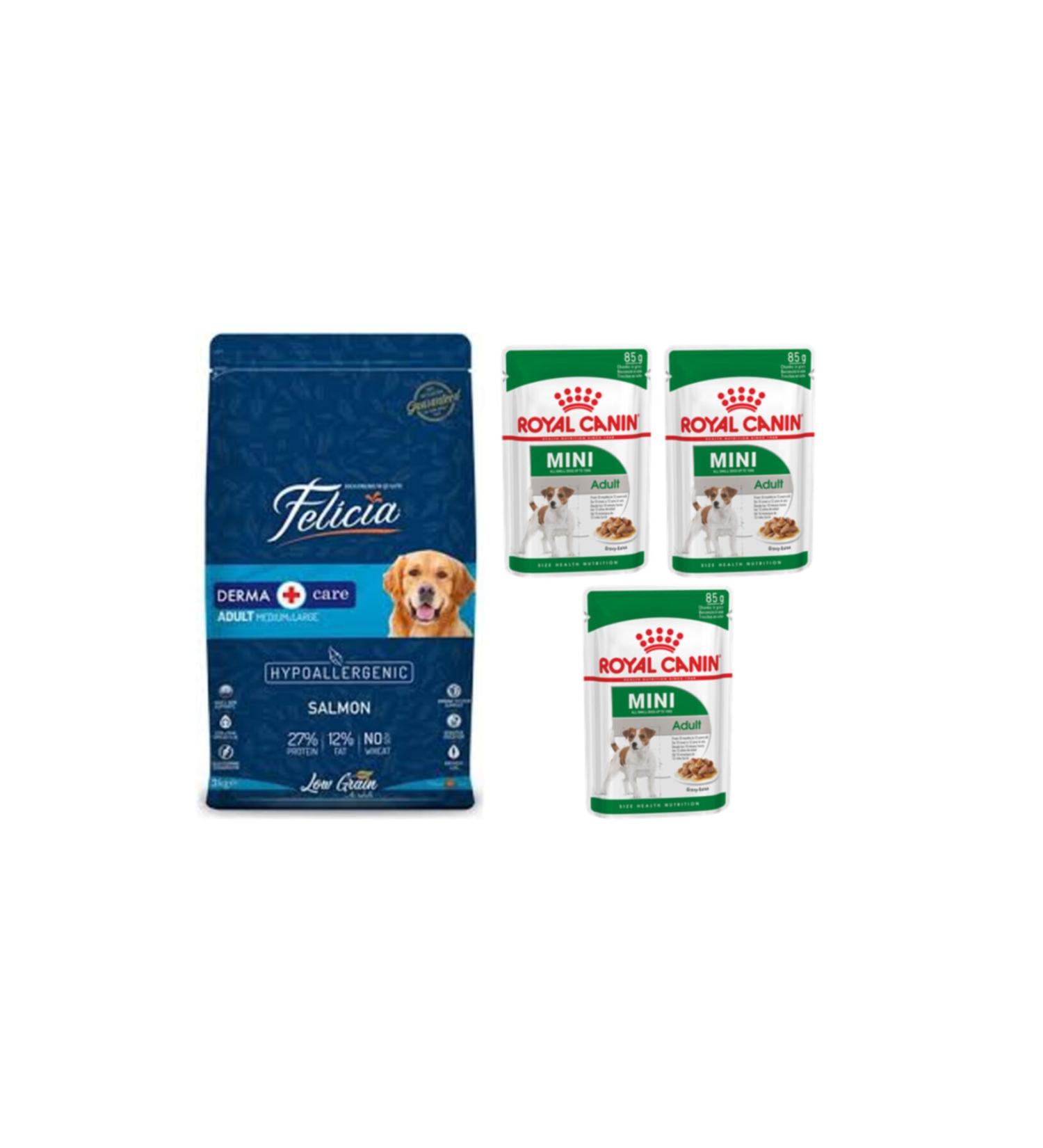 Felicia Dog Food 3 Kg + Royal Canin 3 Pieces Mini Adult Sauce Dog Wet Food 85 Gr
