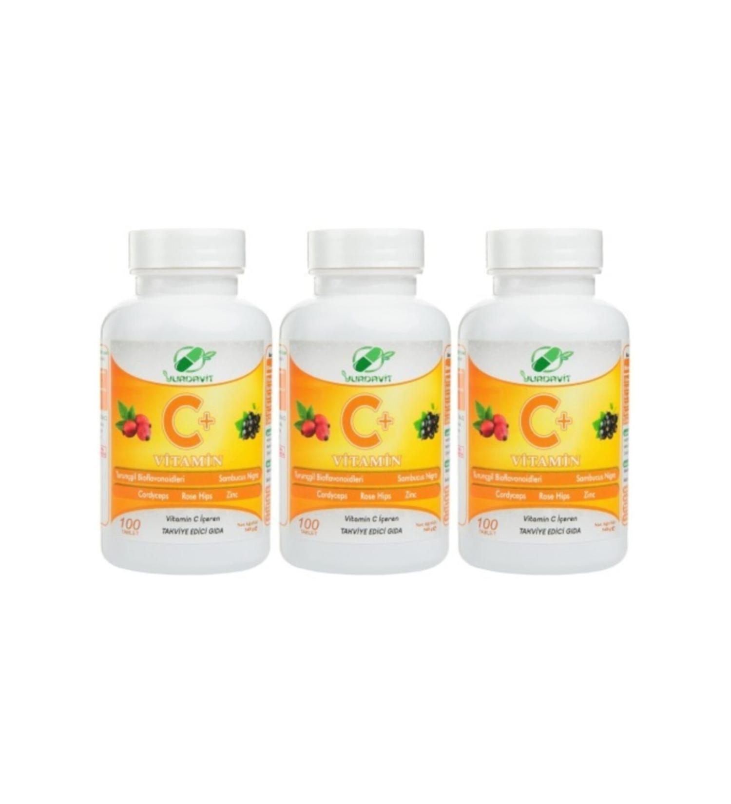 Yurdavit Vitamin C 1000 Mg Black Elderberry Rosehip Zinc Cordyceps Mushroom Citrus 3 Pieces 100 Tablets