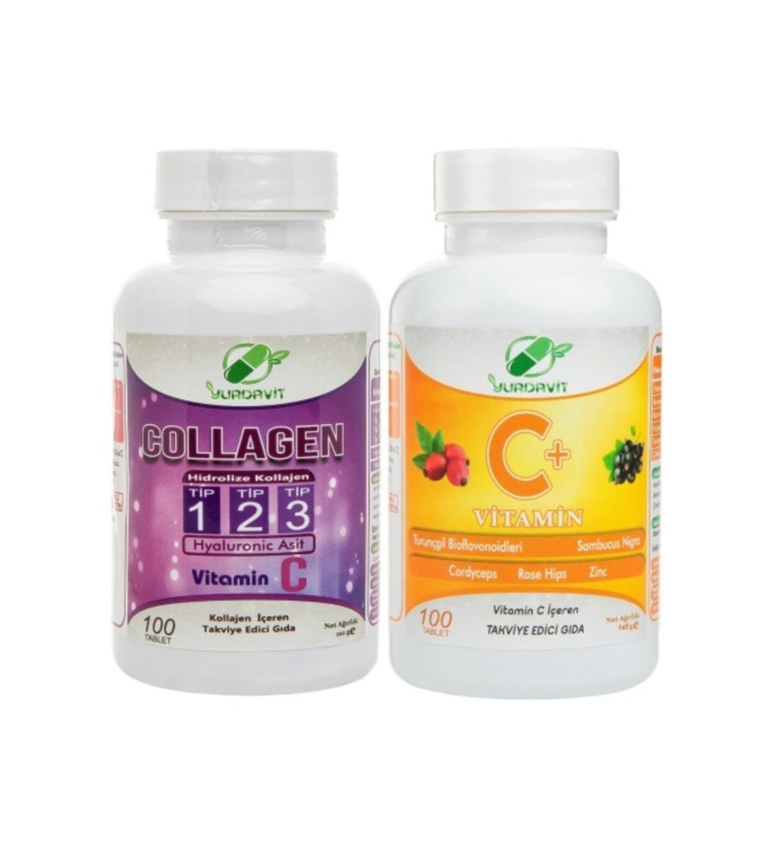 Yurdavit Set 100 Tablets Hydrolyzed Collagen 900 Mg Type Type 1-2-3 Hyaluronic Acid Vitamin C 1000 Mg