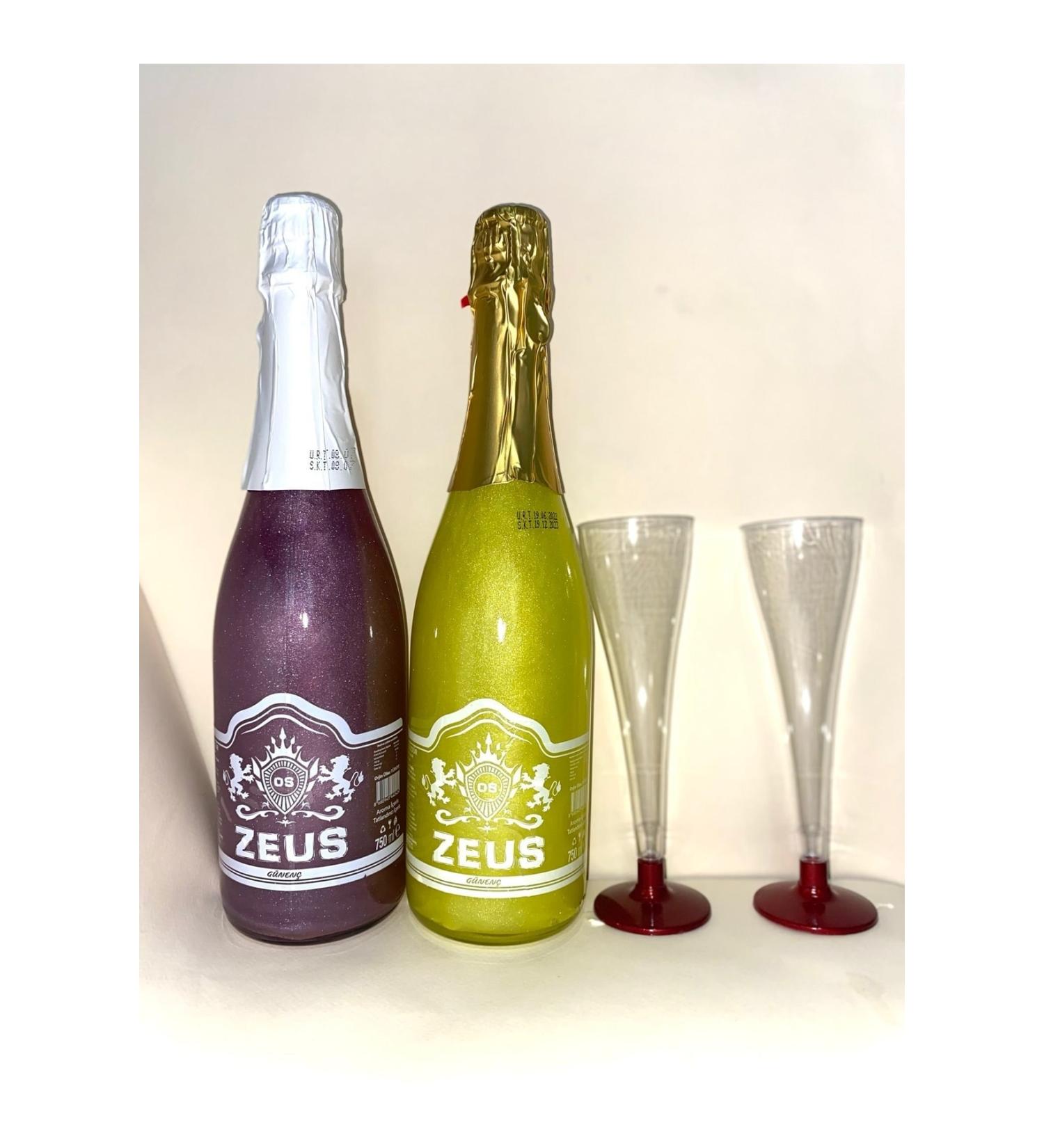OS ZEUS Banana and Blackberry Flavored Non-Alcoholic Carbonated Drink and 2 Glasses