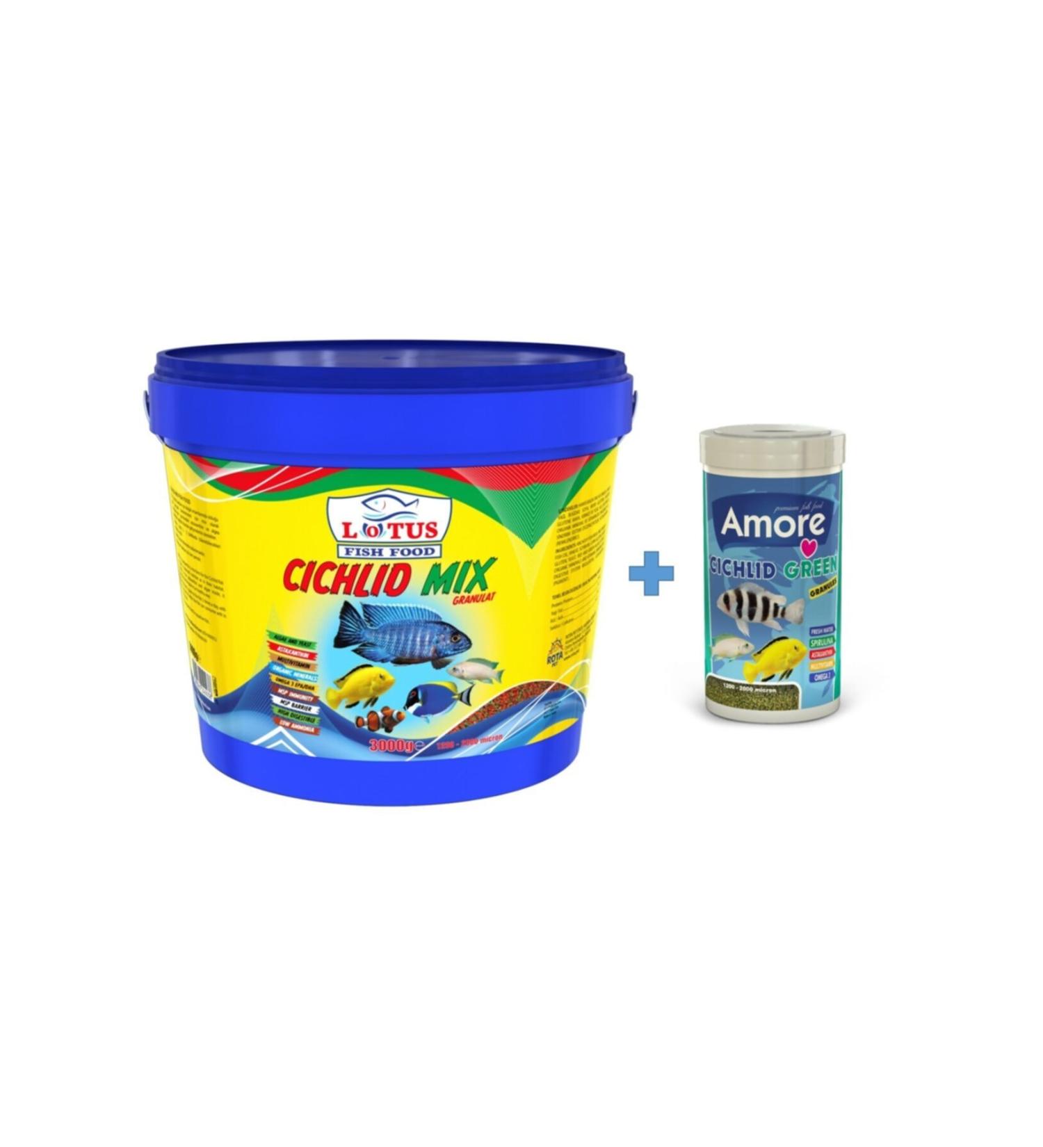Lotus Cichlid Mix Omega3 Astaxanthin 3 Kg Bucket + Cichlid Green 1000ml Box Chewing Gum Fish Food