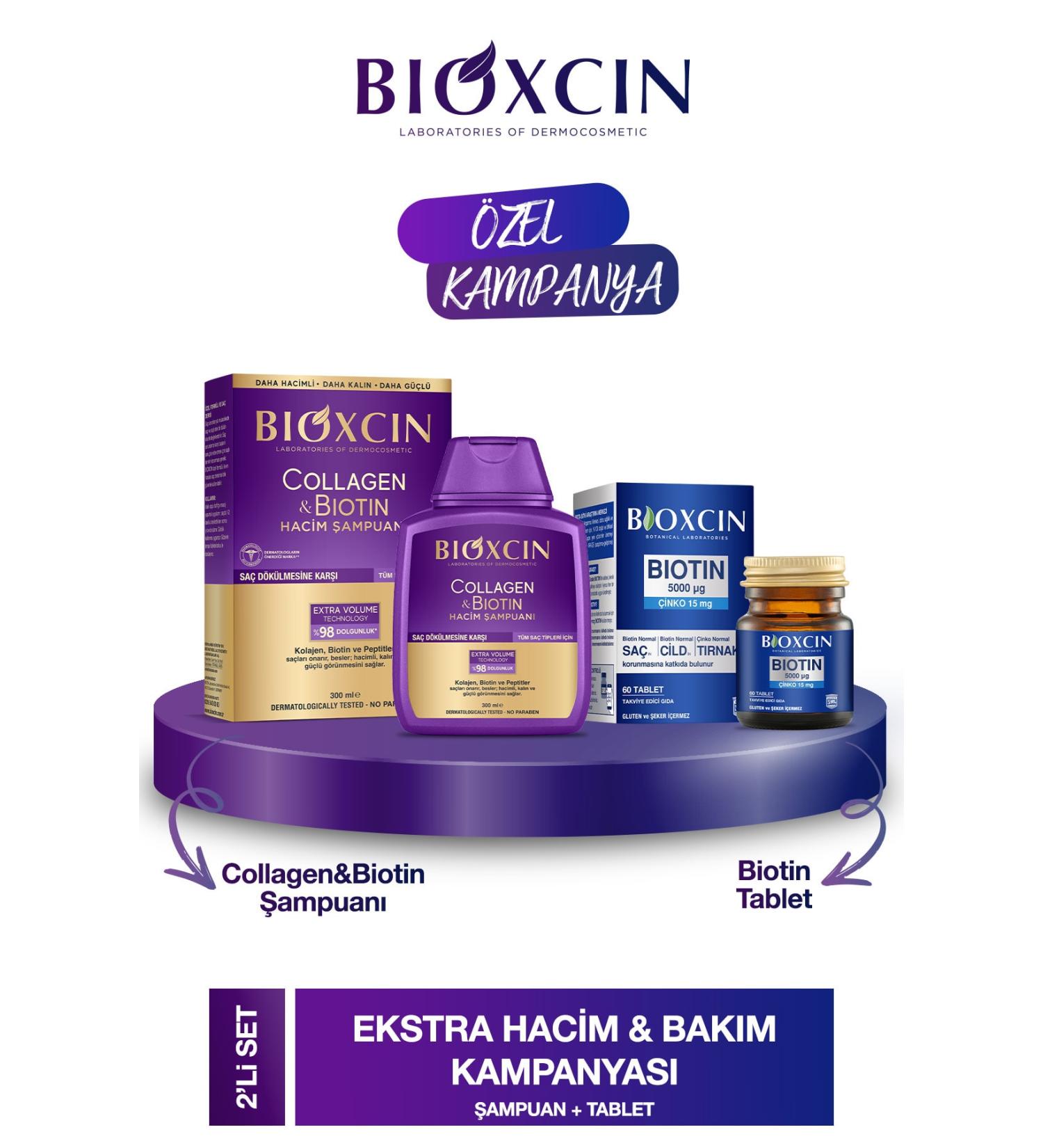 Bioxcin Collagen & Biotin Volume Shampoo 300ml + Biotin 5000 Mcg 60 Tablets - Buy Online on GoSupps.com