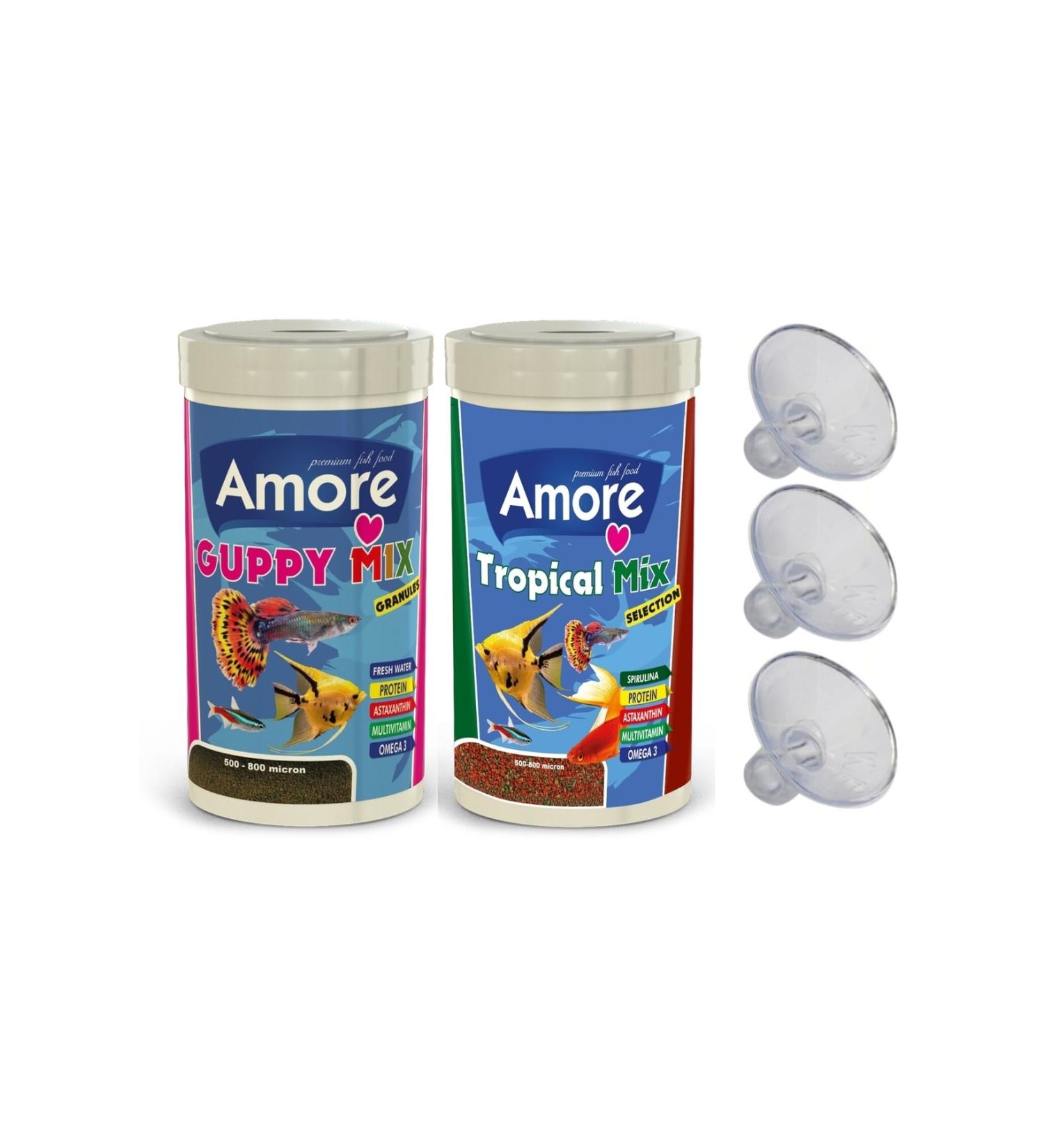 AMORE Guppy Tropical Mix Granules 2x250ml Aquarium Fish Food and Air Hose Suction Cup