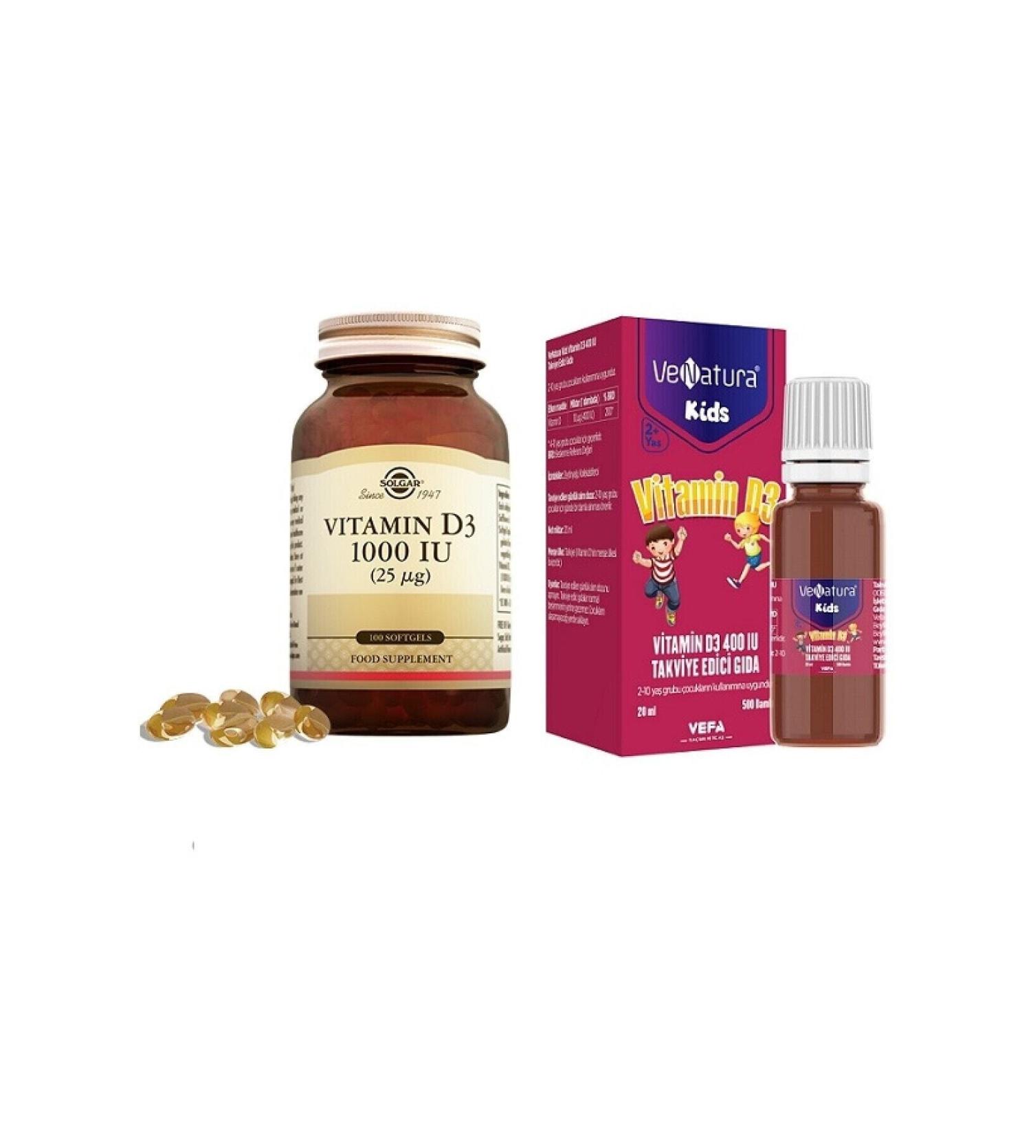 Solgar Vitamin D3 1000 Iu 100 Tablets+venatura Kids Vitamin D3 400 Iu 20 Ml