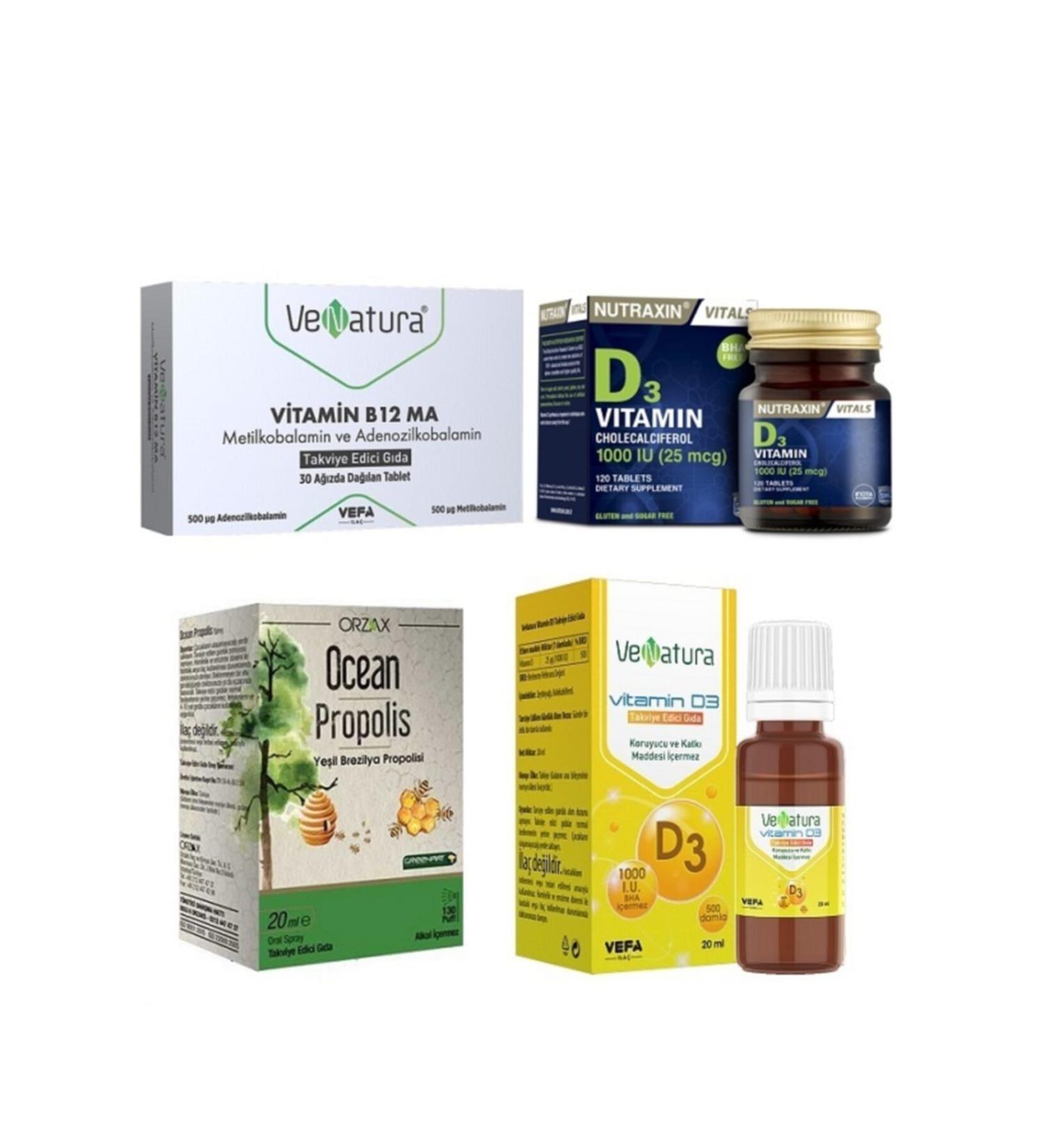 Venatura B12 Methylcobalamin 30 Tablets+nutraxin Vitamin D3 120 Tablets+ Propolis 20 Ml+ D3 Drops 20 Ml