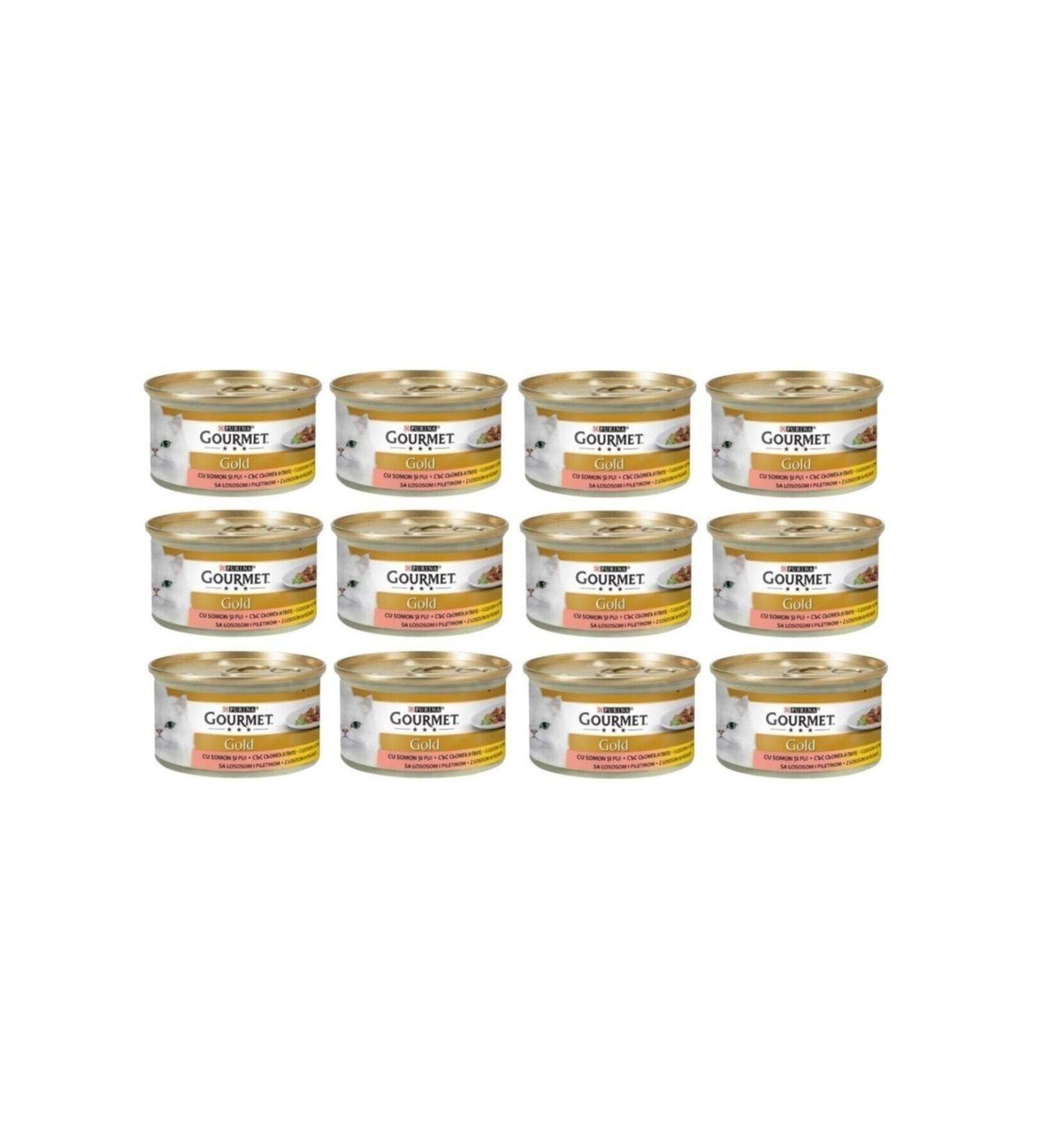 Gourmet Cat Canned Food with Pieces of Meat Salmon and Chicken 85gr X 12 Pieces