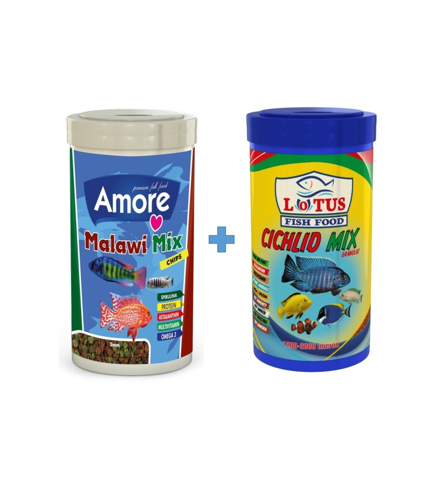 AMORE Malawi Mix Chips 1000ml And Lotus Cichlid Mix 1000ml Box Fish Food