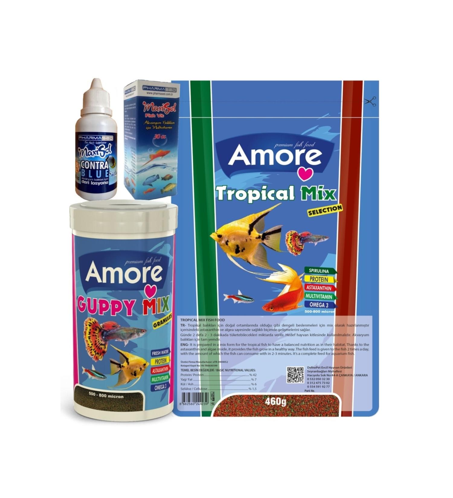 AMORE Tropical Mix Selection 460gr And Guppy Granules 250ml And Fishvit Contra Blue