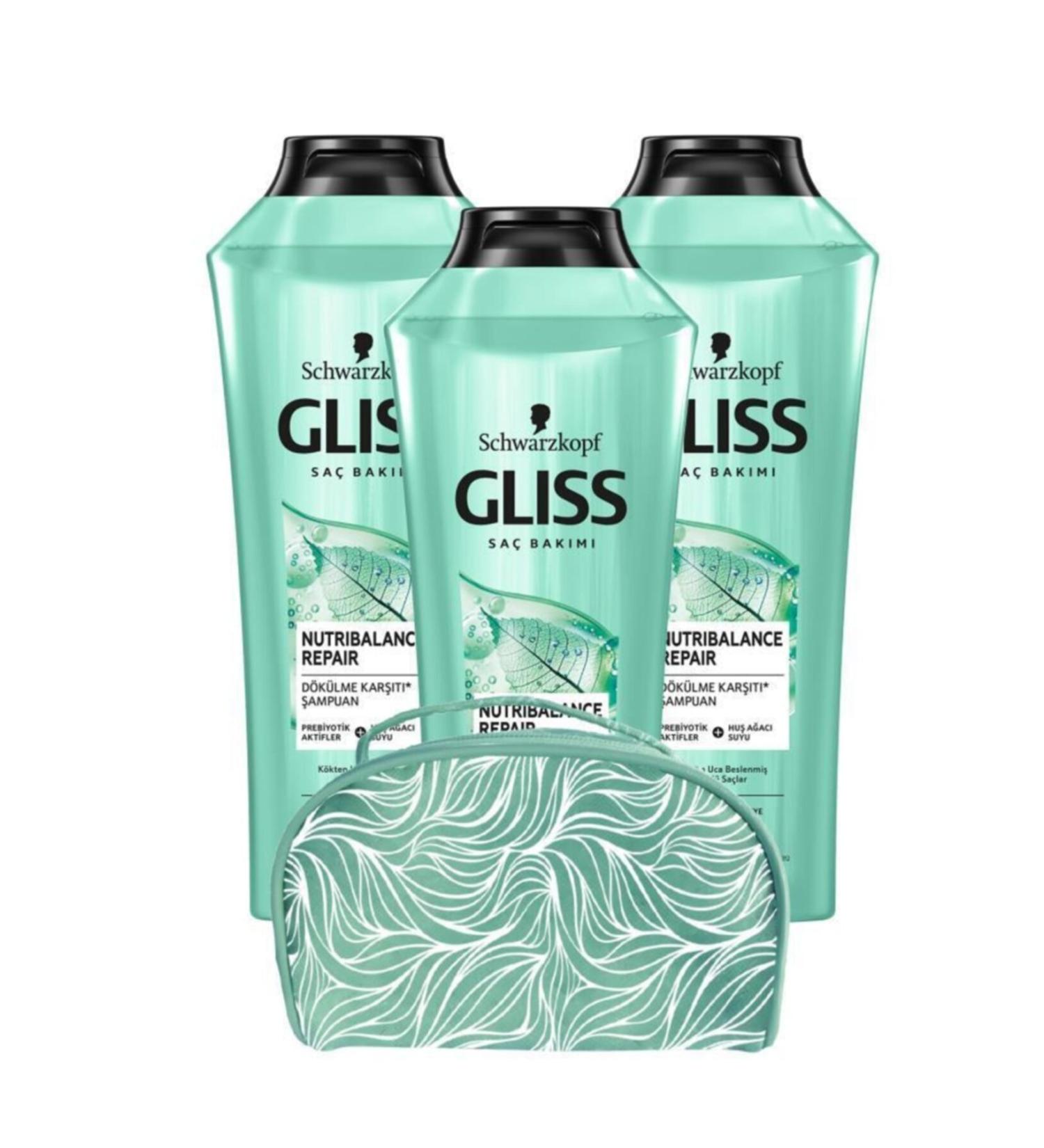 Gliss Nutribalance Shampoo 360 ml X3 Pieces + Makeup Bag