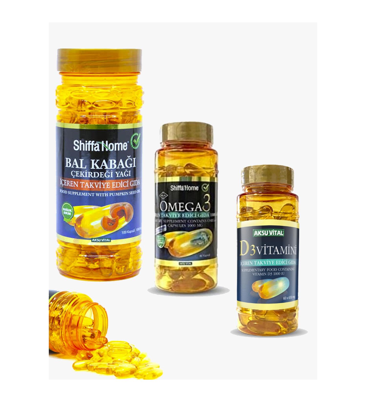 Shiffa Home Omega 3 - 60 Capsules + Vitamin D3 60 Capsules + Pumpkin Seed Oil 100 Capsules 3-Piece Set