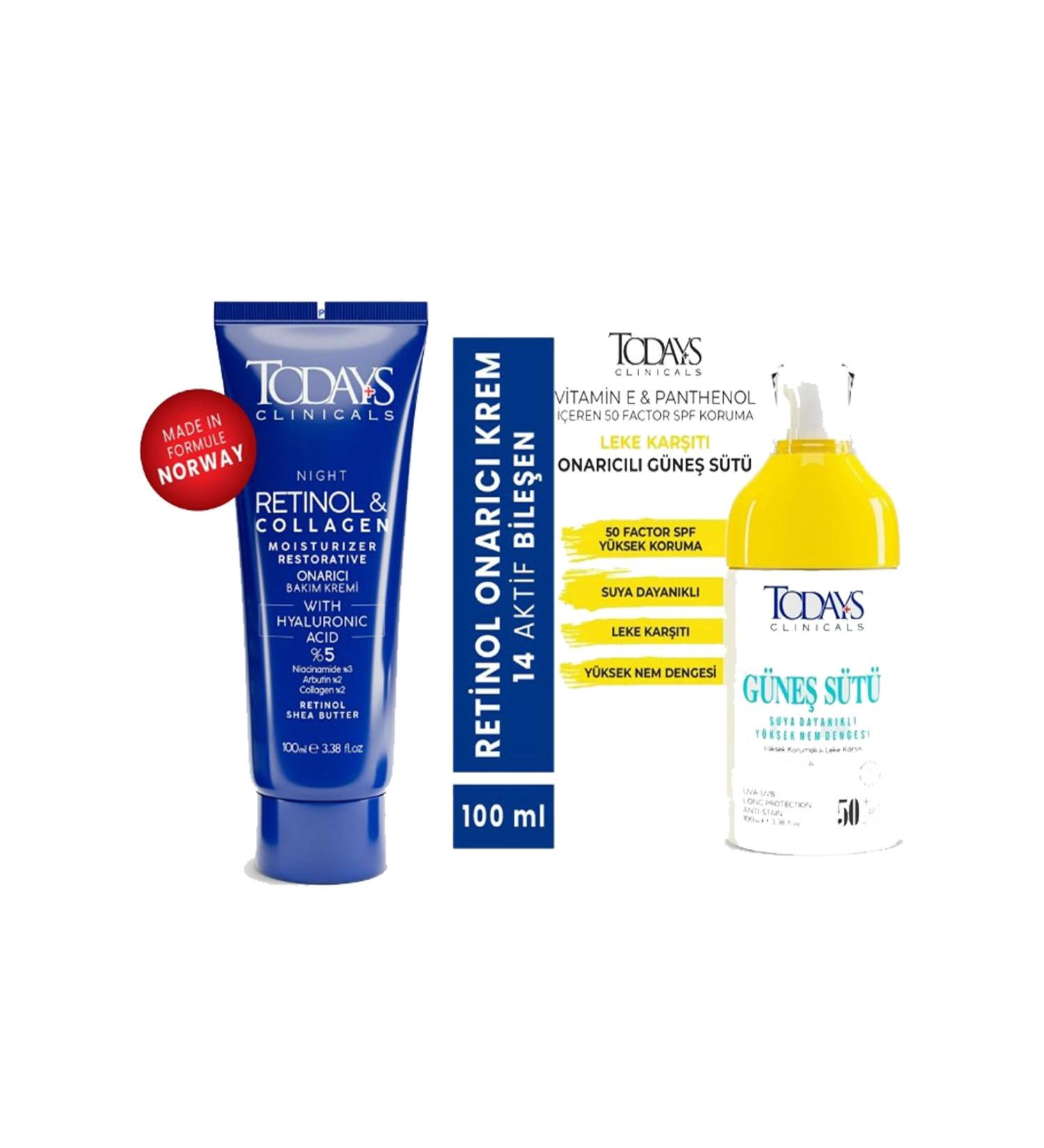 TODAYS CLINICALS Repair Cream - Retinol 100 Ml + Sun Milk 50 + Spf High Protection Anti-Stain 100 Ml