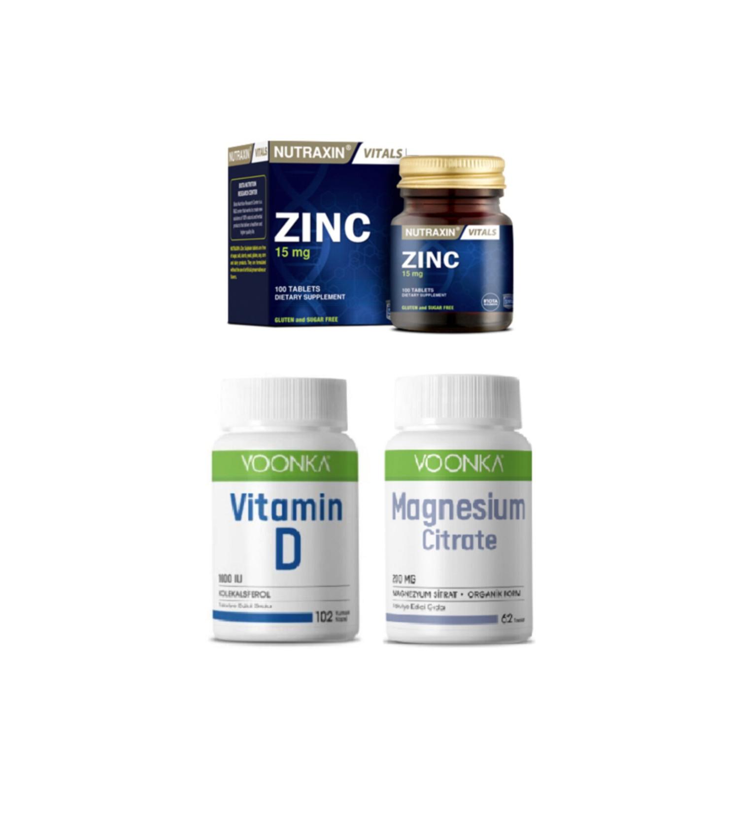 Nutraxin Zinc 15mg 100 Tablets + Voonka Vitamin D 1000 Iu 102 Capsules + Magnesium 200mg 62 Tablets