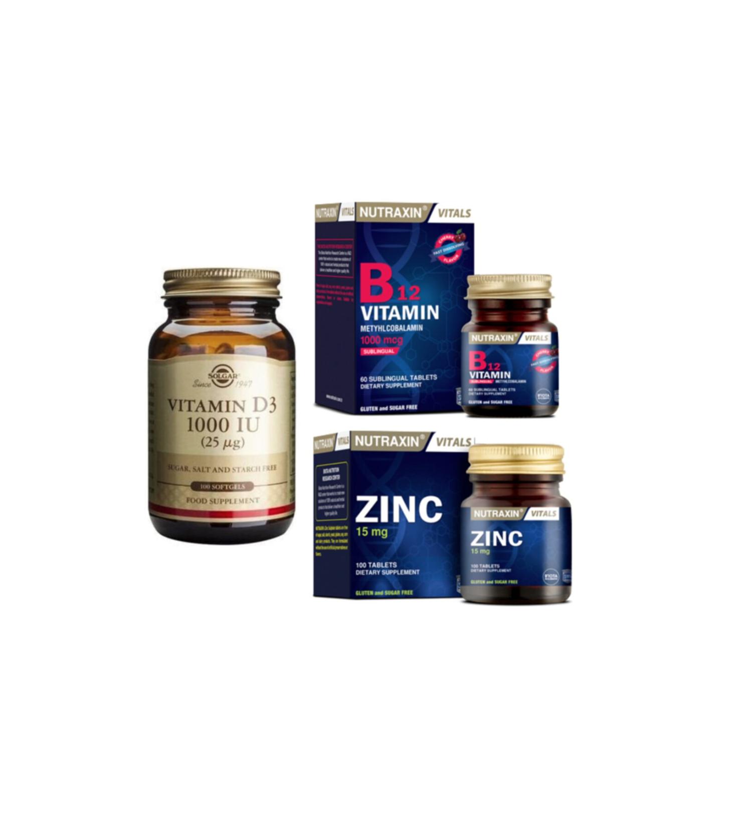 Nutraxin Vitamin B12 60 Sublingual Tablets + Zinc 15 Mg 100 Tablets + Solgar Vitamin D3 100 Softgels