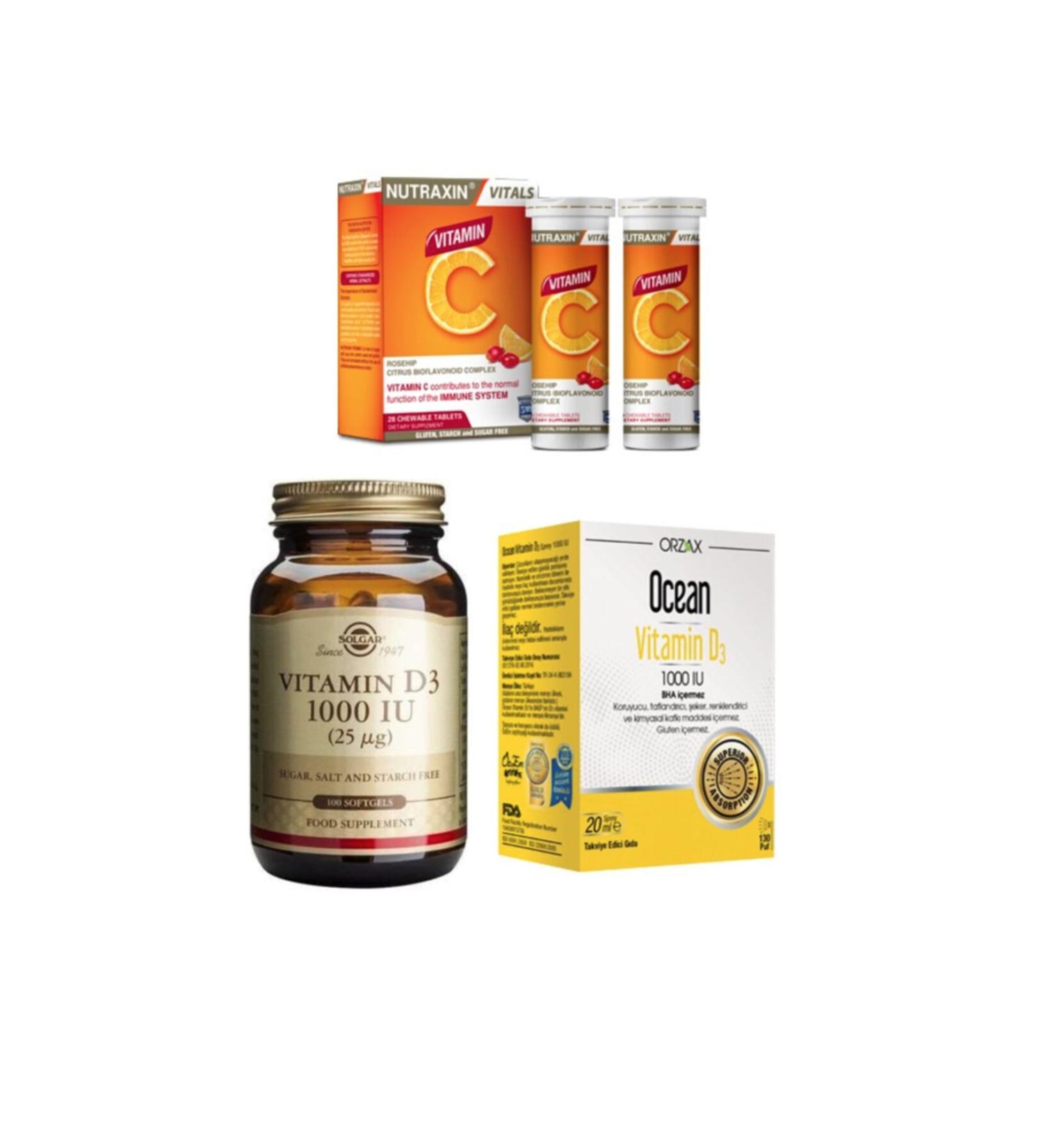 Nutraxin Vitamin C 28 Chewable Tablets + Solgar Vitamin D3 100 Softgels + Ocean Vitamin D3 Spray 20 Ml