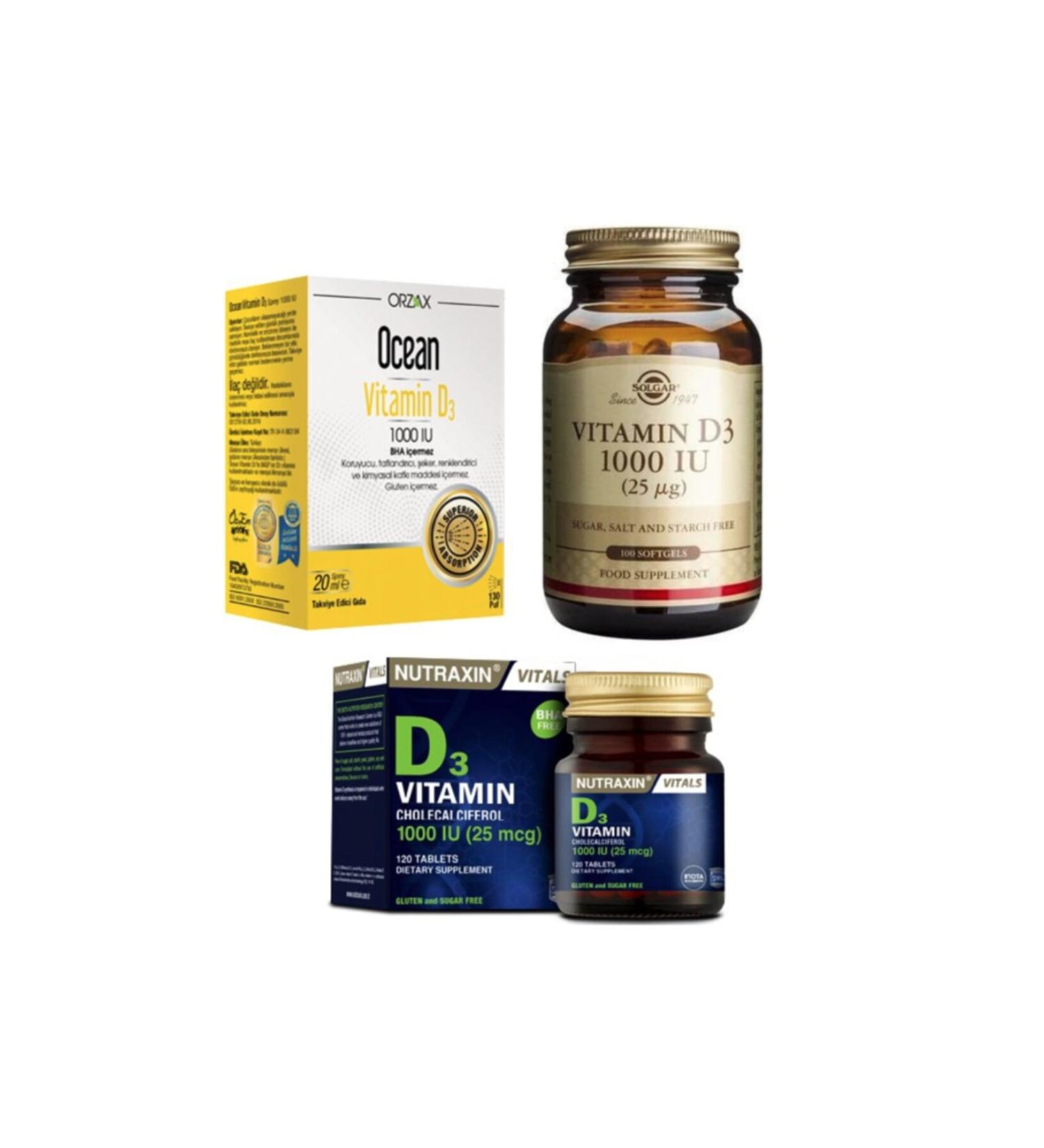 Nutraxin Vitamin D3 120 Tablets + Solgar Vitamin D3 100 Capsules + Ocean Vitamin D3 Spray 20 Ml