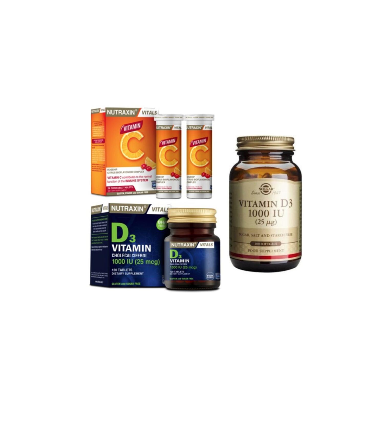 Nutraxin Vitamin D3 1000 Iu 120 Tablets + Vitamin C 28 Chewable Tablets + Solgar Vitamin D3 1000 Iu 100 Capsules