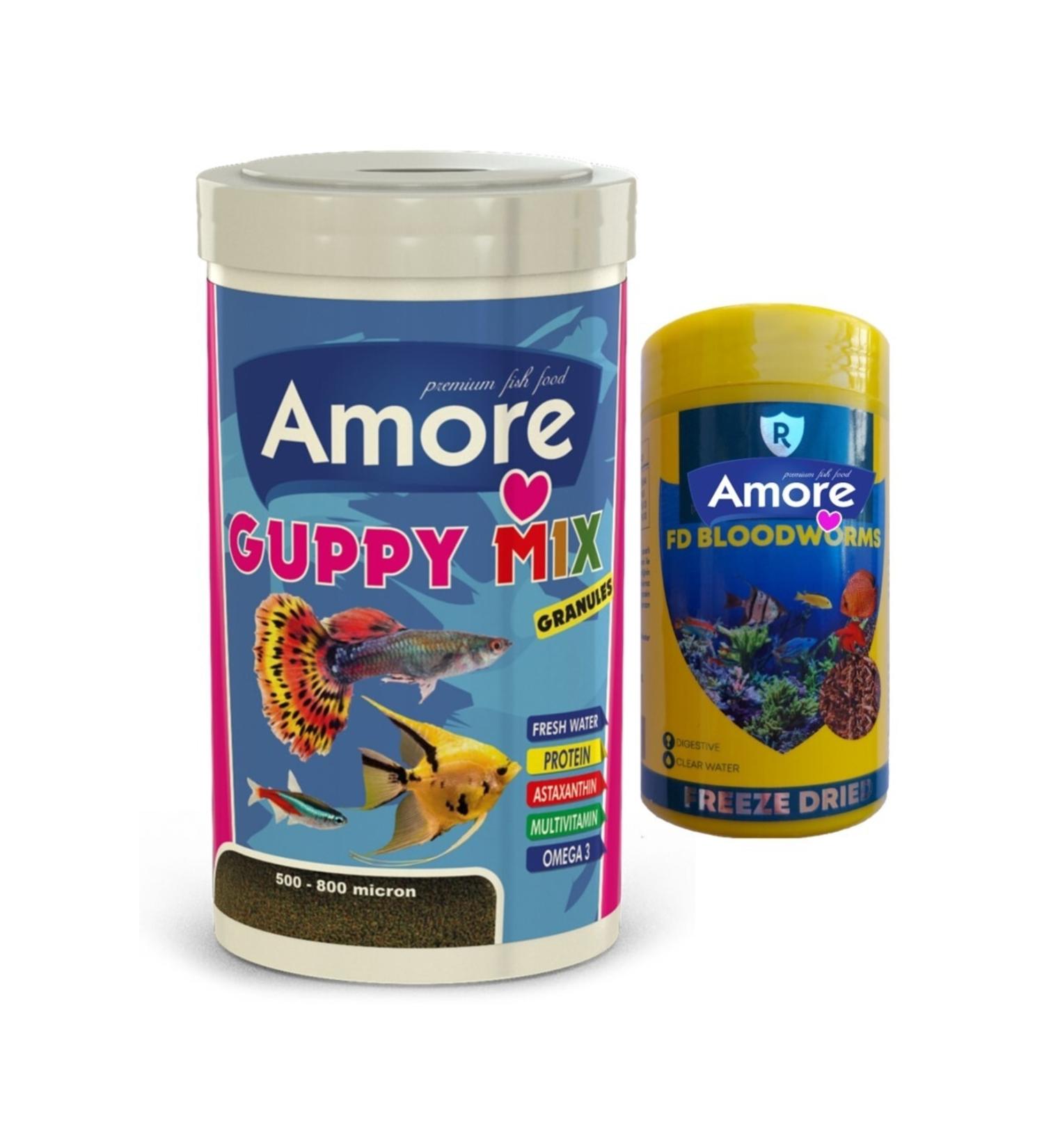 AMORE Guppy Mix Granules 250ml And Bloodworms 100ml Tropical Fish Food